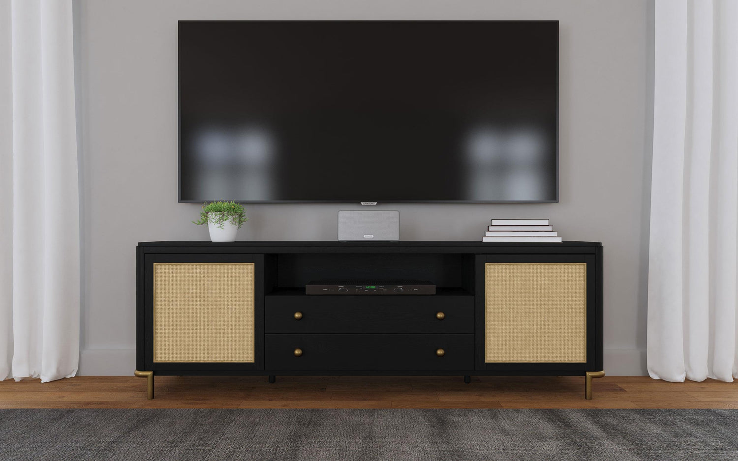 Arini Rattan Cane 2-door TV Stand Media Console Black - 720263