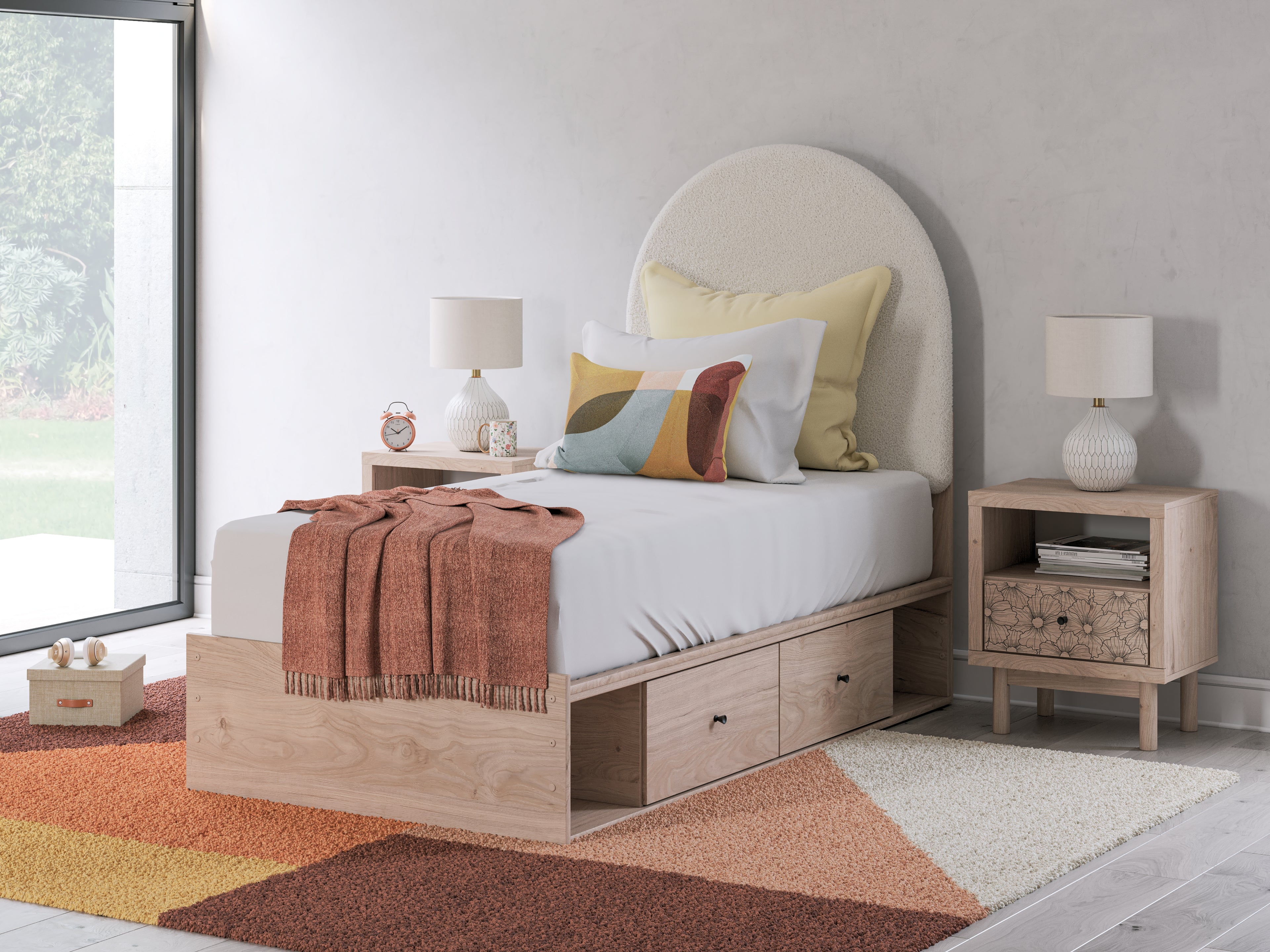 Arloster Tan/White Twin Upholstered Panel Bed with Storage - PCB1566B4