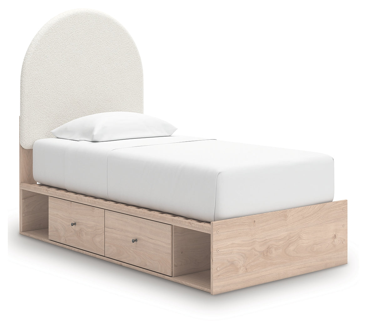 Arloster Tan/White Twin Upholstered Panel Bed with Storage - PCB1566B6
