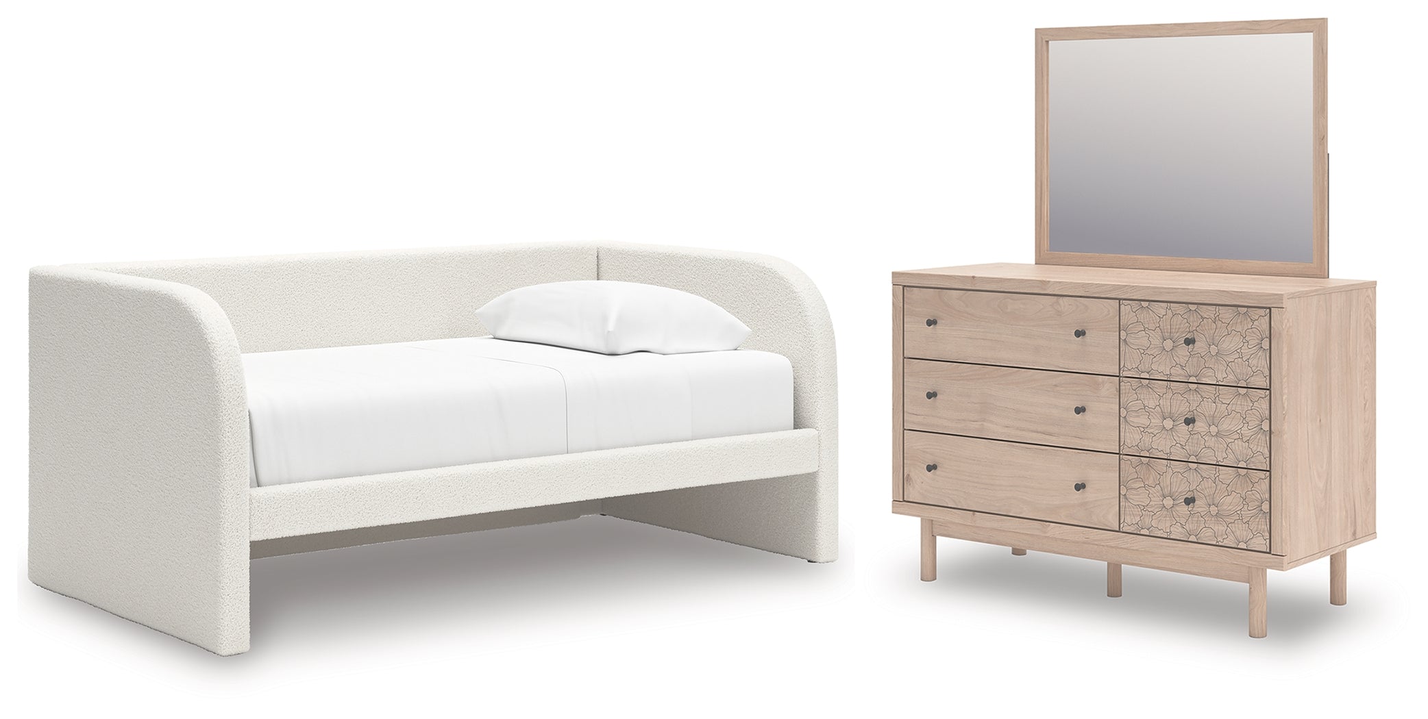 Arloster Twin Upholstered Day Bed, Dresser and Mirror - PCB1566B14