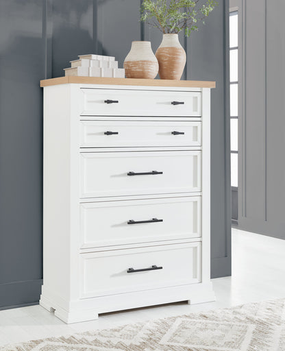 Ashbryn California King Panel Storage Bed with Mirrored Dresser and Chest in White/Natural from Ashley - Luna Furniture