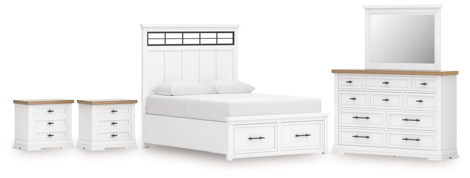 Ashbryn King Panel Storage Bed with Mirrored Dresser and 2 Nightstands in White/Natural from Ashley - Luna Furniture