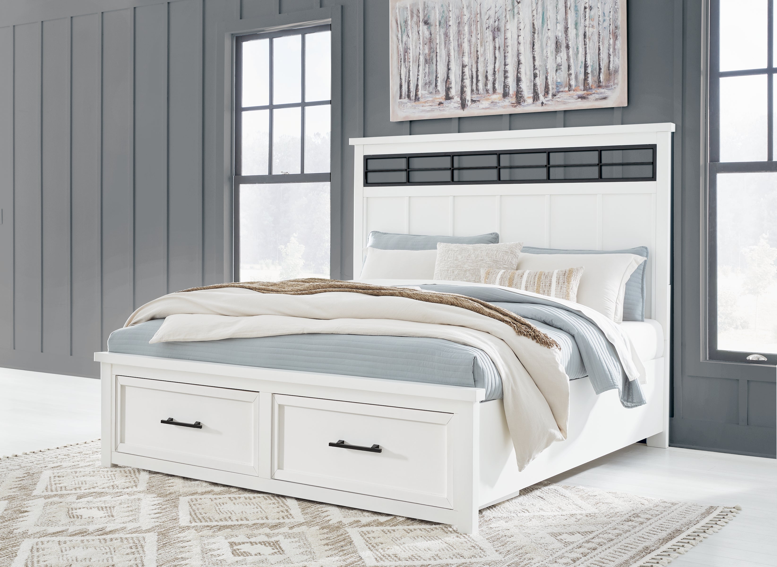 Ashbryn King Panel Storage Bed with Mirrored Dresser and 2 Nightstands in White/Natural from Ashley - Luna Furniture