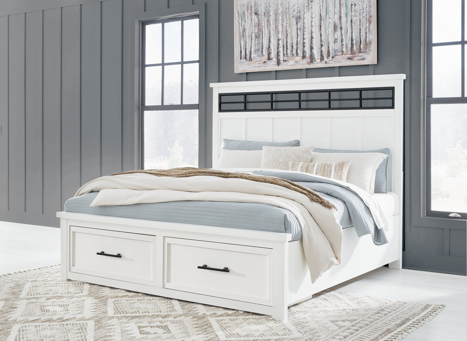 Ashbryn King Panel Storage Bed with Mirrored Dresser and Nightstand in White/Natural from Ashley - Luna Furniture
