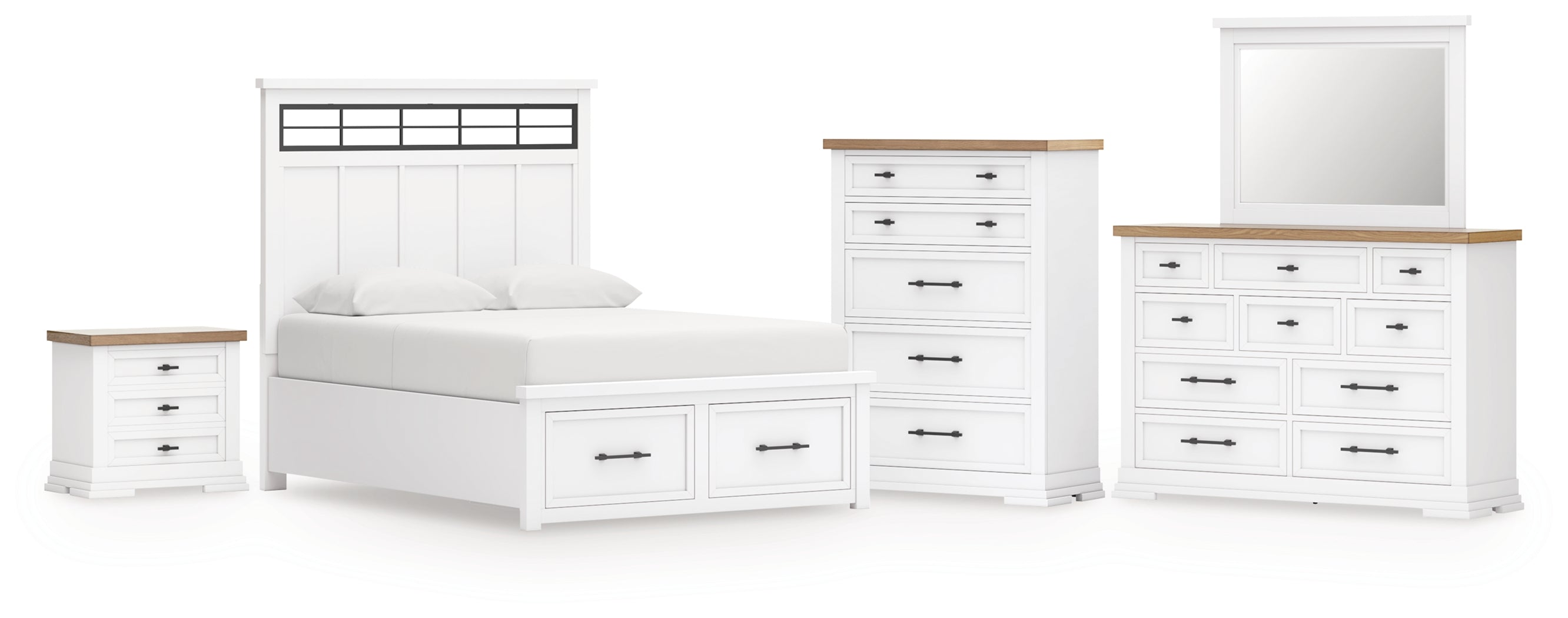 Ashbryn King Panel Storage Bed with Mirrored Dresser, Chest and Nightstand in White/Natural from Ashley - Luna Furniture