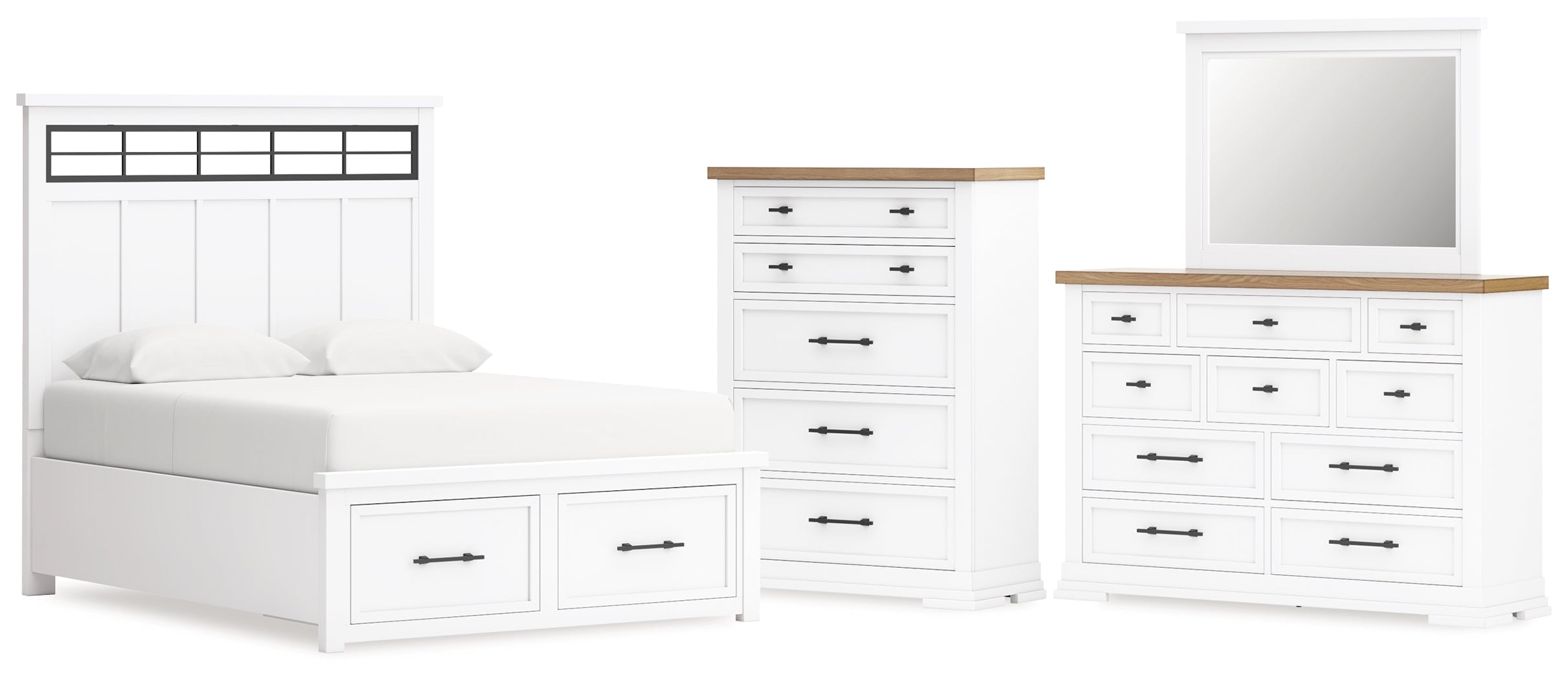 Ashbryn Queen Panel Storage Bed with Mirrored Dresser and Chest in White/Natural from Ashley - Luna Furniture
