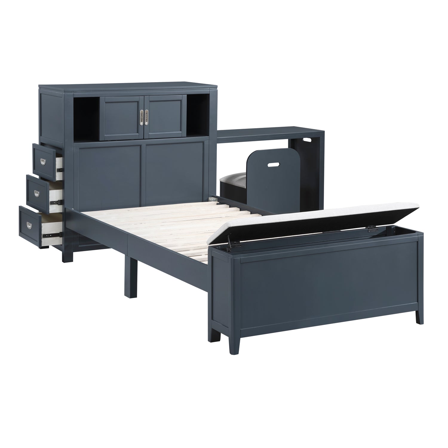 B2024BUBC-1* (2) Twin Bookcase Bed with Hidden Desk, Stool and Storage Bench - B2024BUBC-1*