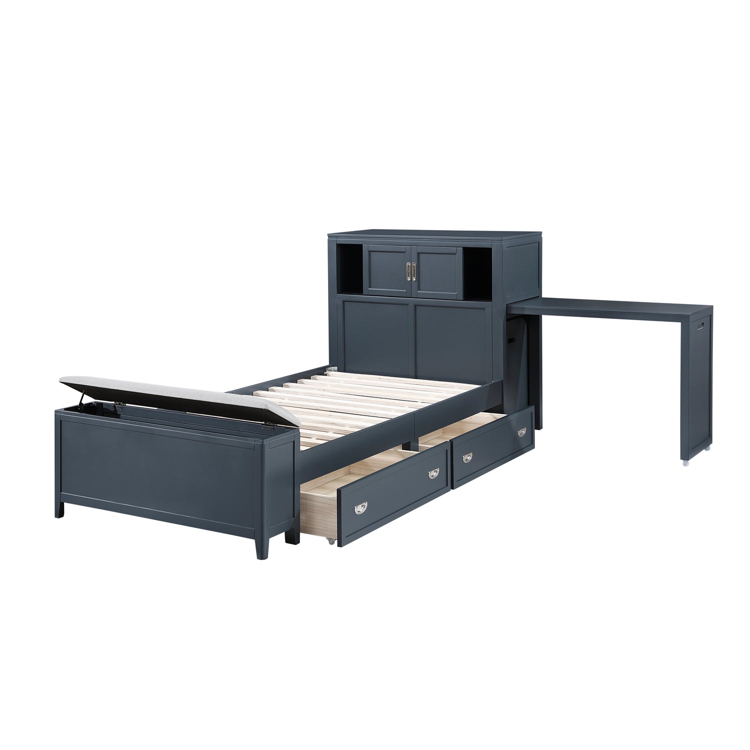 B2024BUBC-1* (2) Twin Bookcase Bed with Hidden Desk, Stool and Storage Bench - B2024BUBC-1*