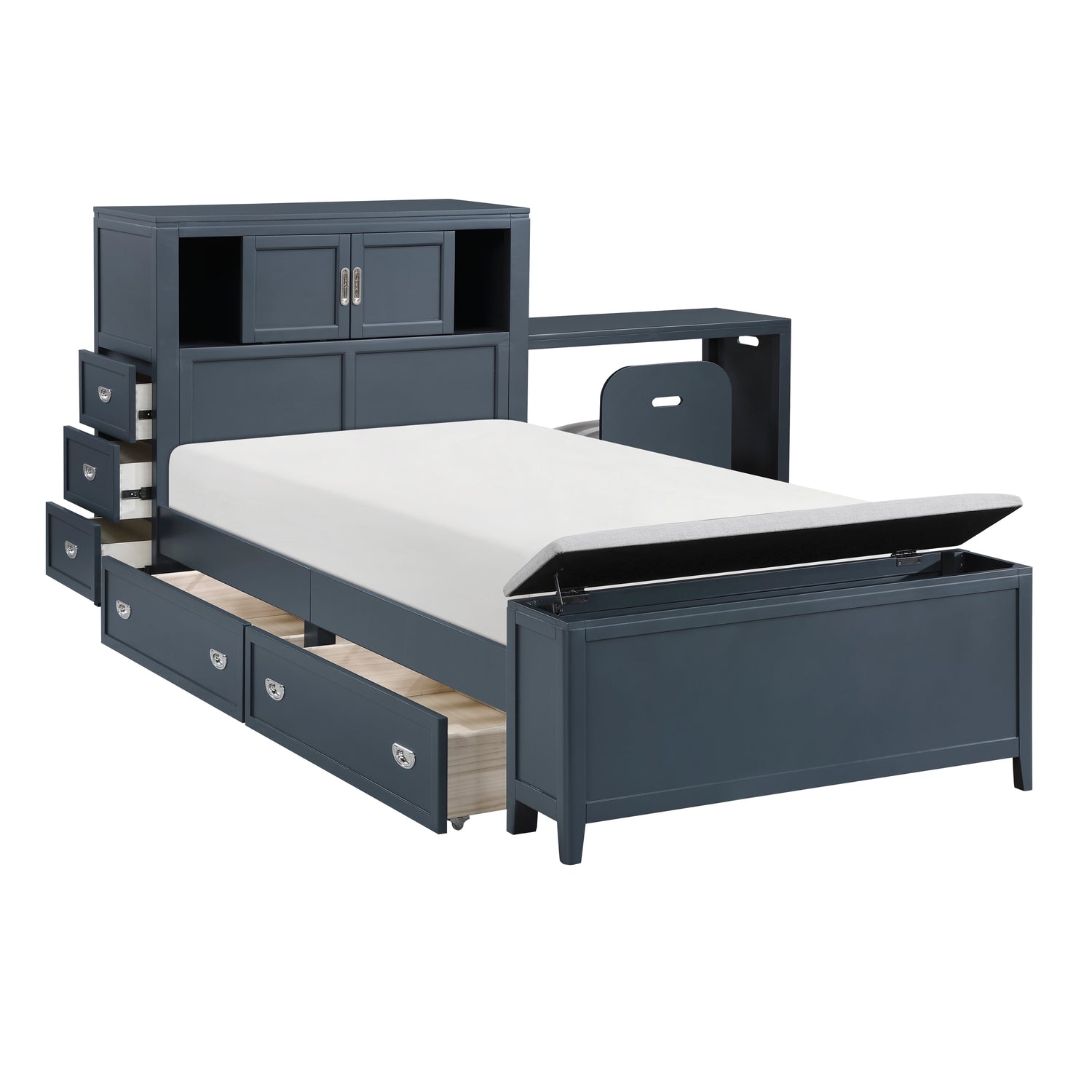 B2024BUBC-1* (2) Twin Bookcase Bed with Hidden Desk, Stool and Storage Bench - B2024BUBC-1*