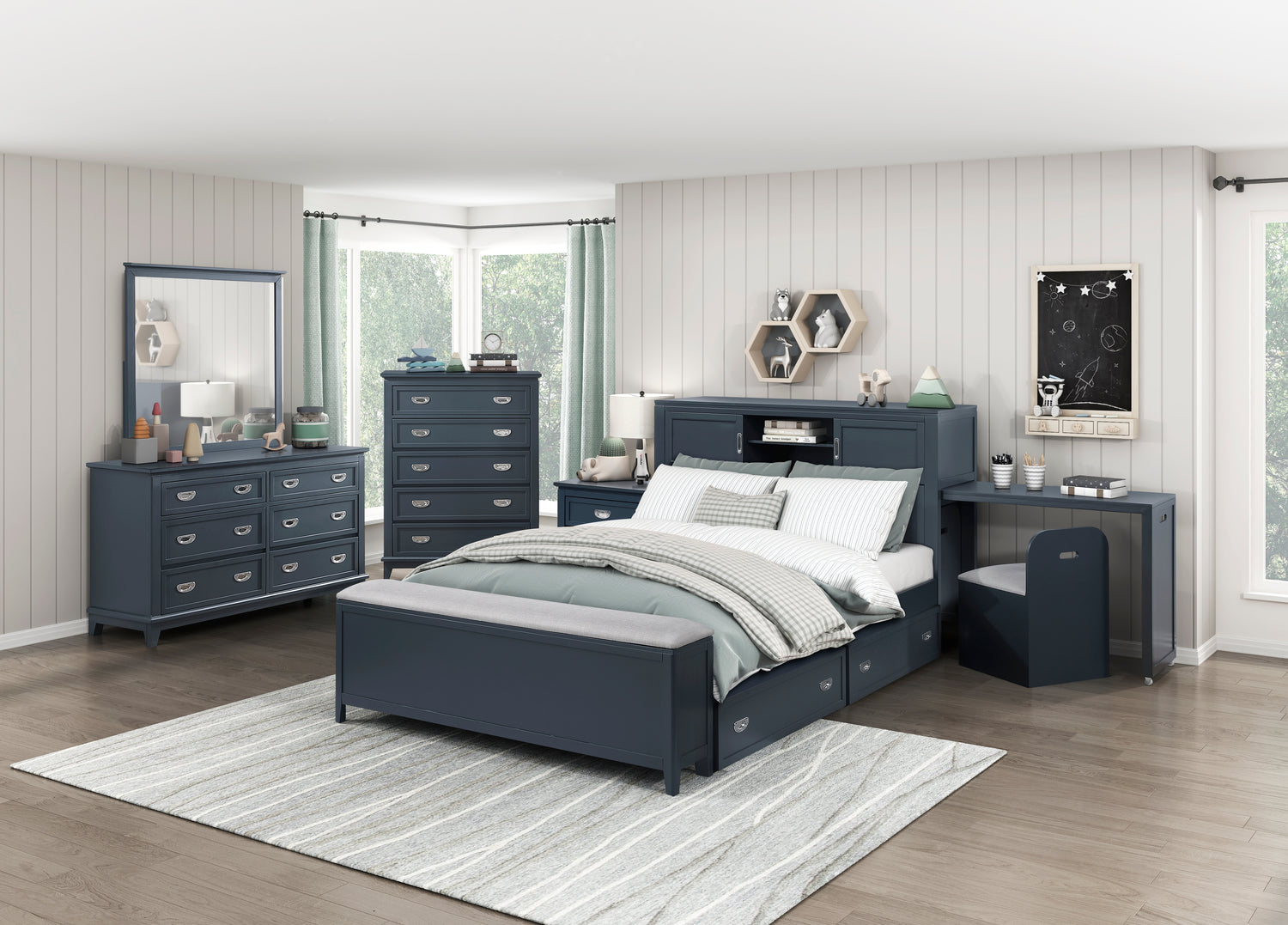 B2024BUBCF-1* (2) Full Bookcase Bed with Hidden Desk, Stool and Storage Bench - B2024BUBCF-1*