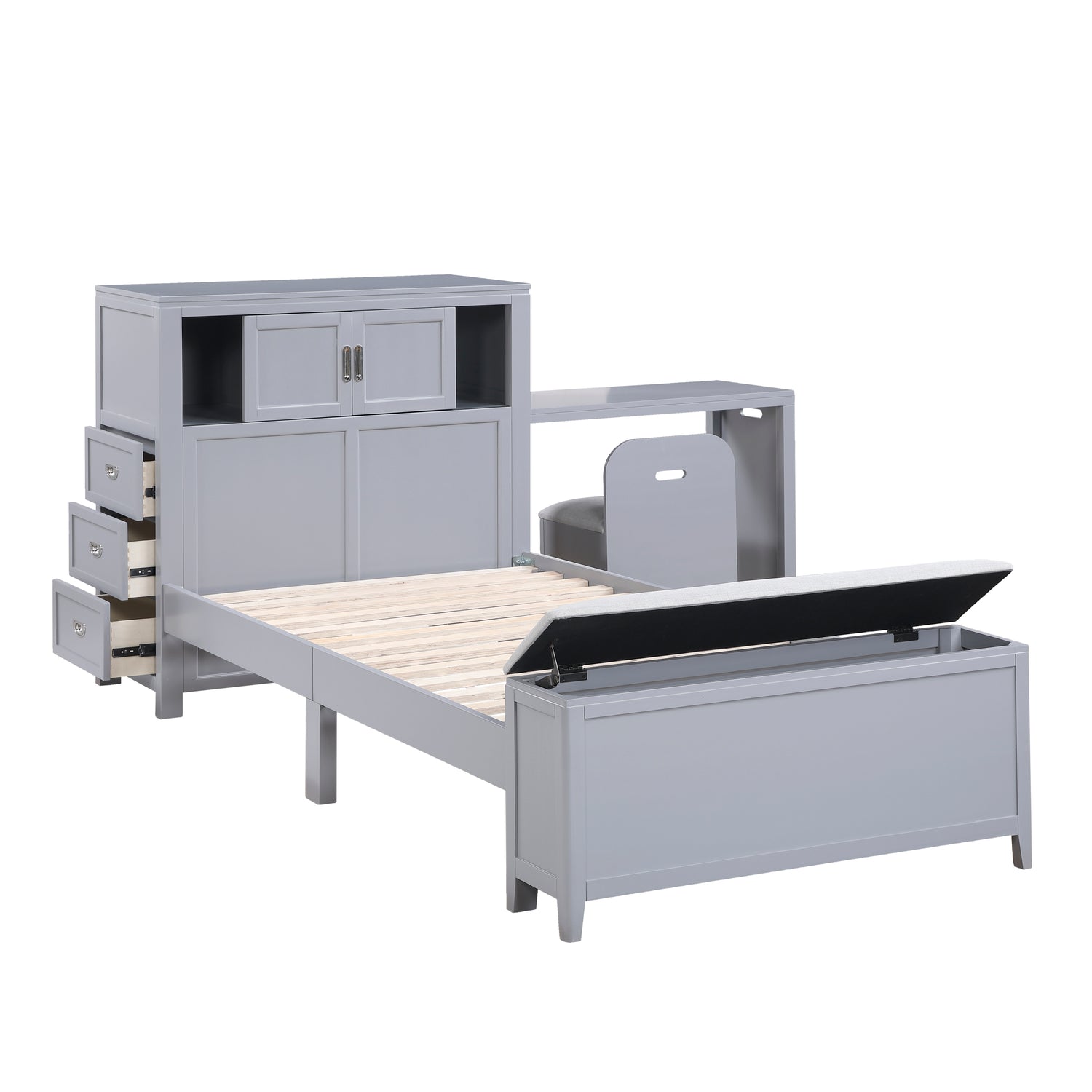 B2024GYBC-1* (2) Twin Bookcase Platform Bed with Hidden Desk, Stool and Storage Bench - B2024GYBC-1*