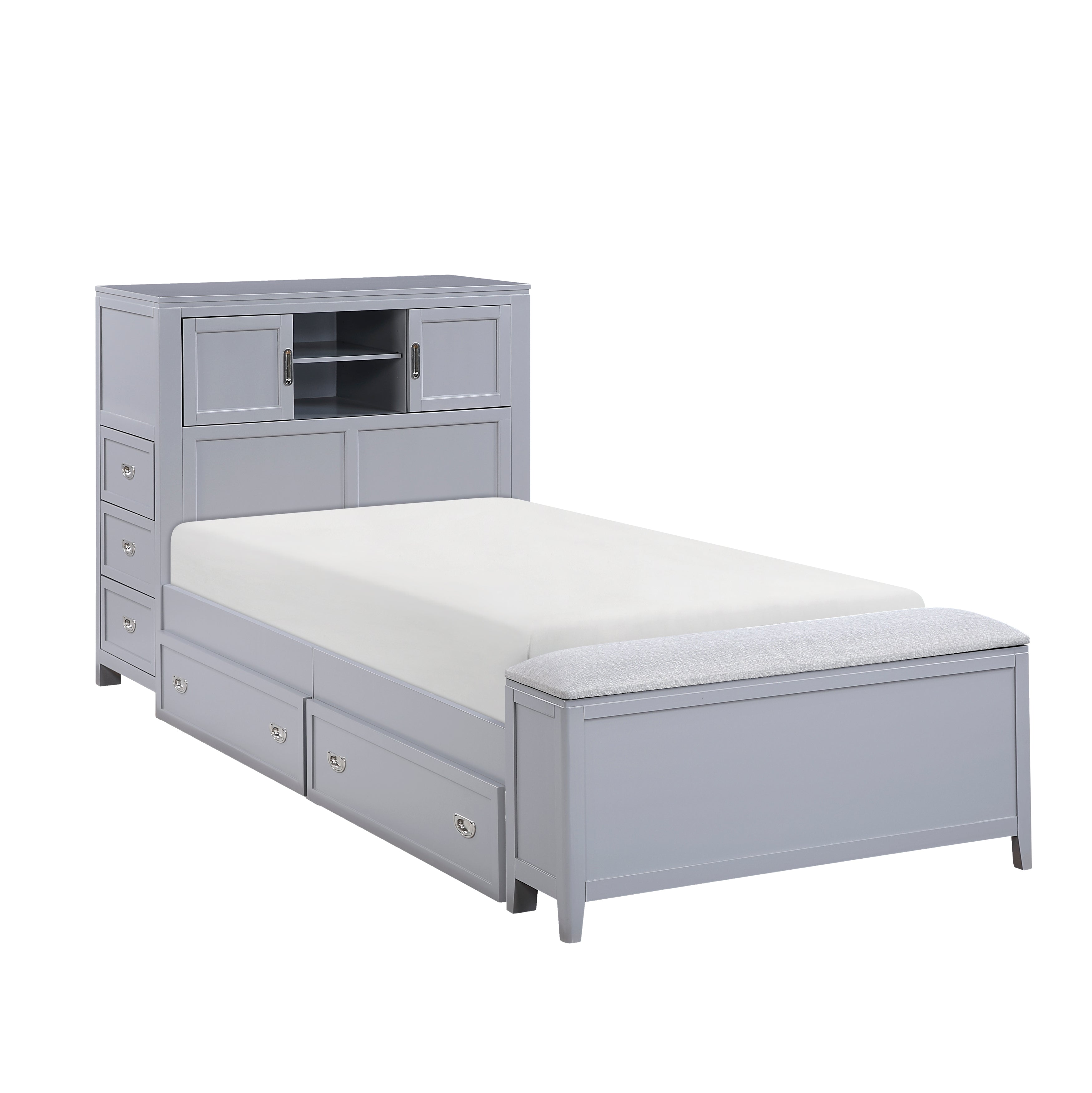 B2024GYBC-1* (2) Twin Bookcase Platform Bed with Hidden Desk, Stool and Storage Bench - B2024GYBC-1*
