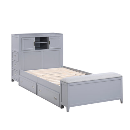 B2024GYBC-1* (2) Twin Bookcase Platform Bed with Hidden Desk, Stool and Storage Bench - B2024GYBC-1*