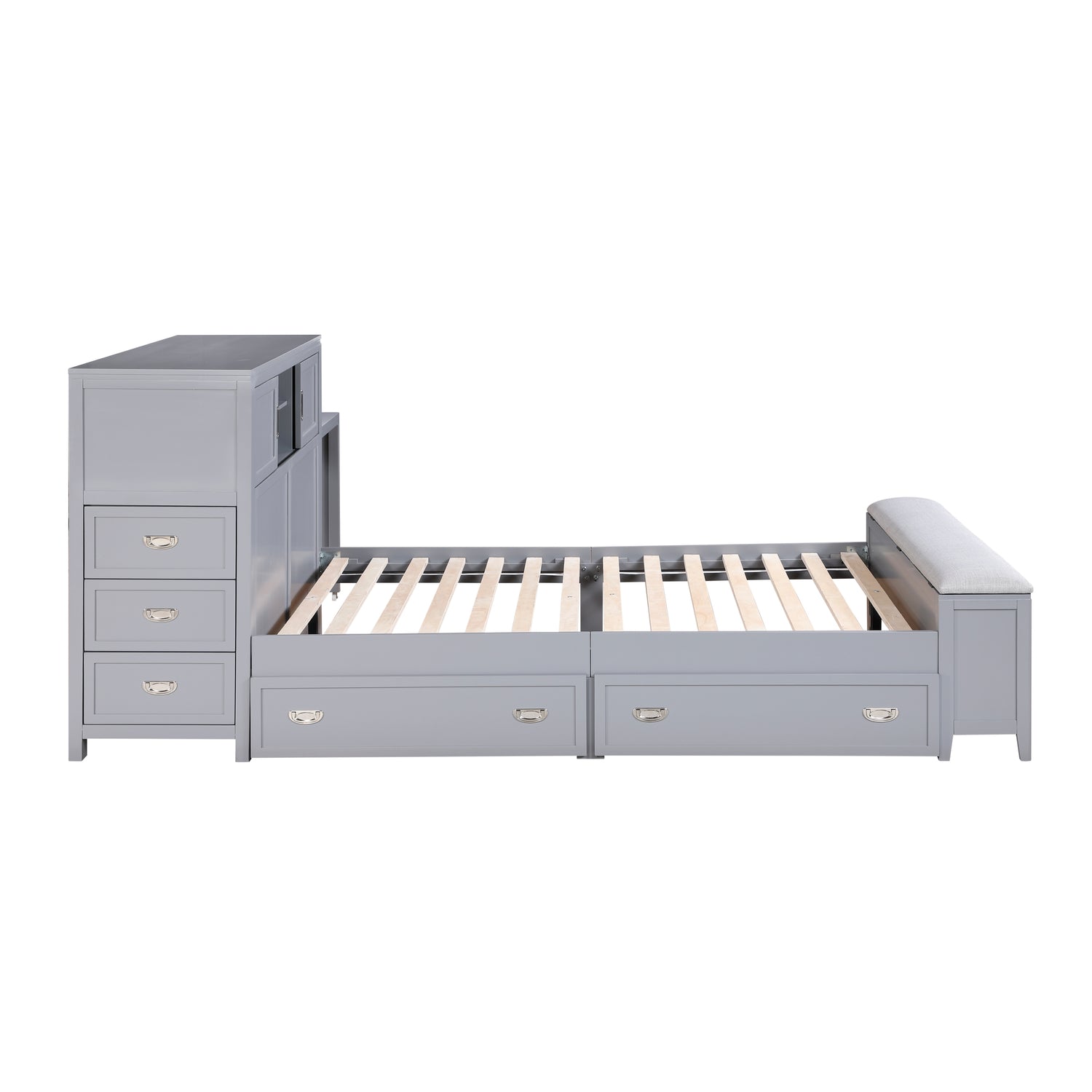B2024GYBC-1* (2) Twin Bookcase Platform Bed with Hidden Desk, Stool and Storage Bench - B2024GYBC-1*