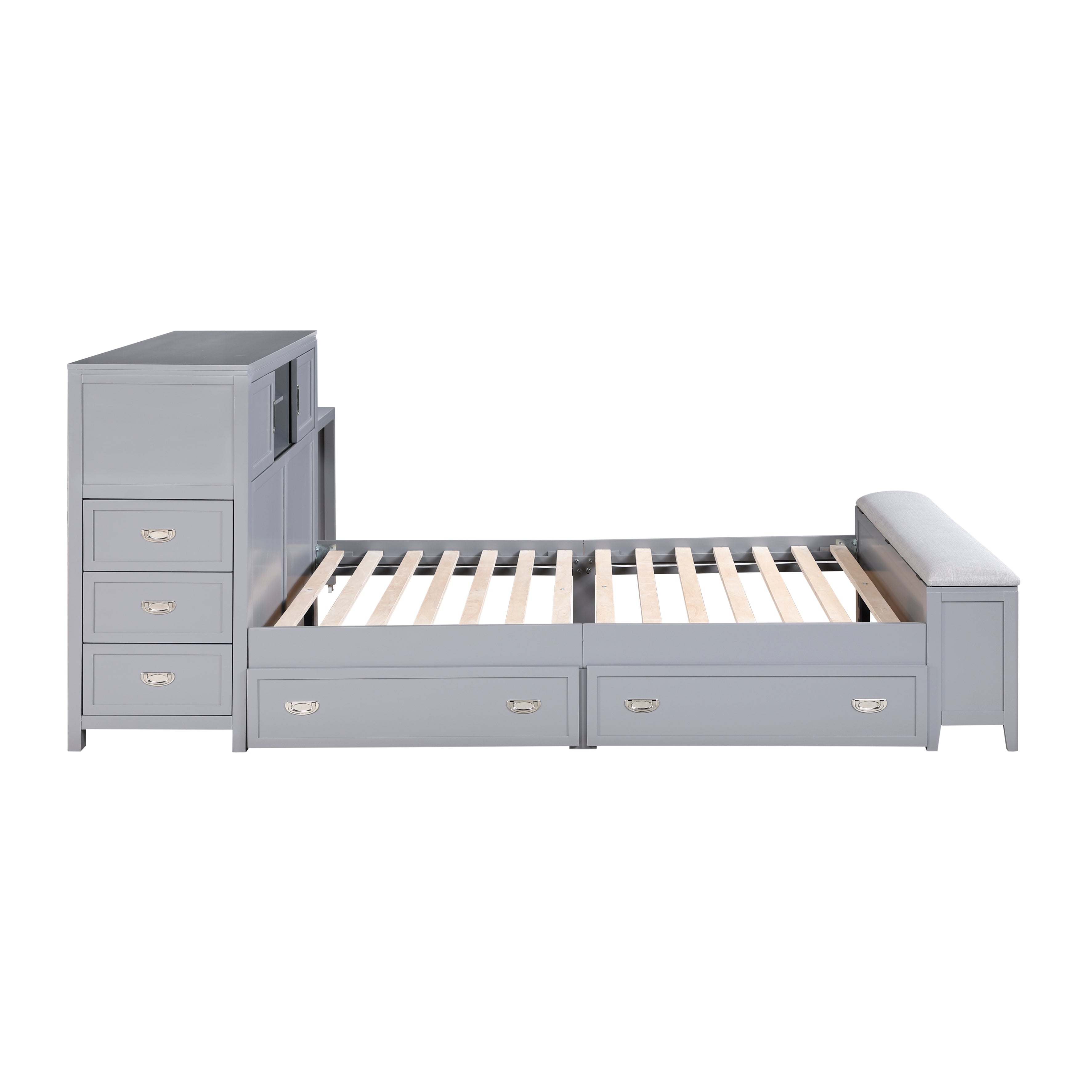 B2024GYBC-1* (2) Twin Bookcase Platform Bed with Hidden Desk, Stool and Storage Bench - B2024GYBC-1*