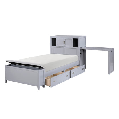 B2024GYBC-1* (2) Twin Bookcase Platform Bed with Hidden Desk, Stool and Storage Bench - B2024GYBC-1*