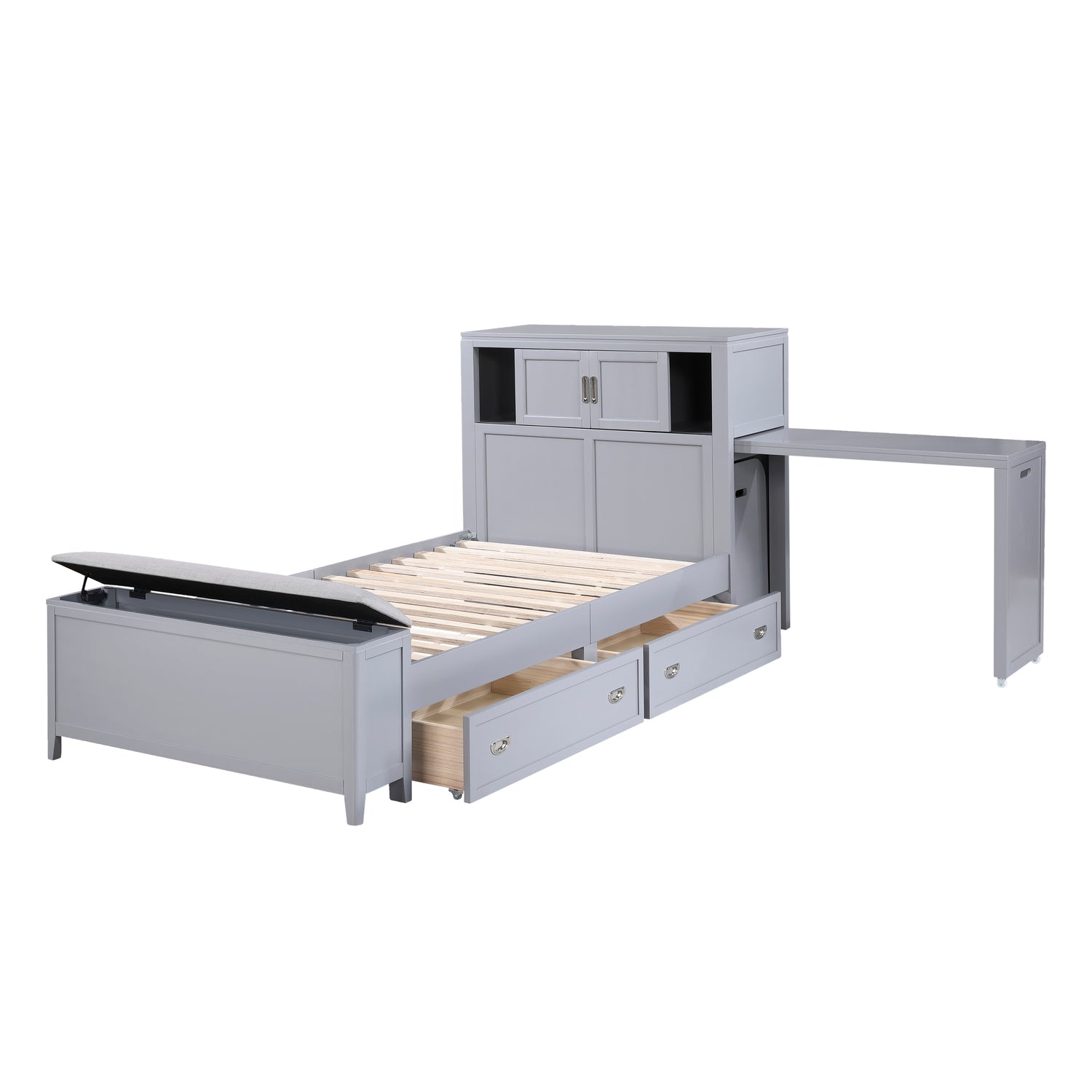 B2024GYBC-1* (2) Twin Bookcase Platform Bed with Hidden Desk, Stool and Storage Bench - B2024GYBC-1*