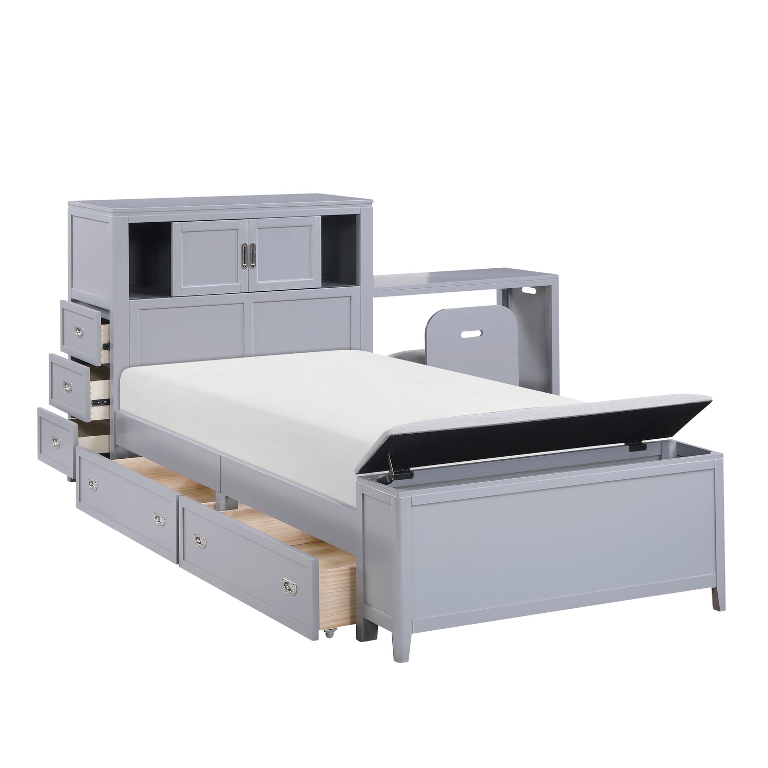 B2024GYBC-1* (2) Twin Bookcase Platform Bed with Hidden Desk, Stool and Storage Bench - B2024GYBC-1*