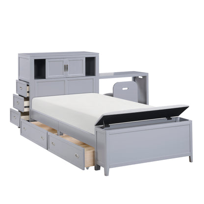 B2024GYBC-1* (2) Twin Bookcase Platform Bed with Hidden Desk, Stool and Storage Bench - B2024GYBC-1*