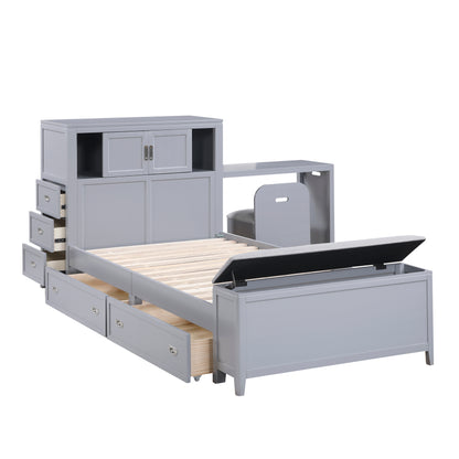 B2024GYBC-1* (2) Twin Bookcase Platform Bed with Hidden Desk, Stool and Storage Bench - B2024GYBC-1*