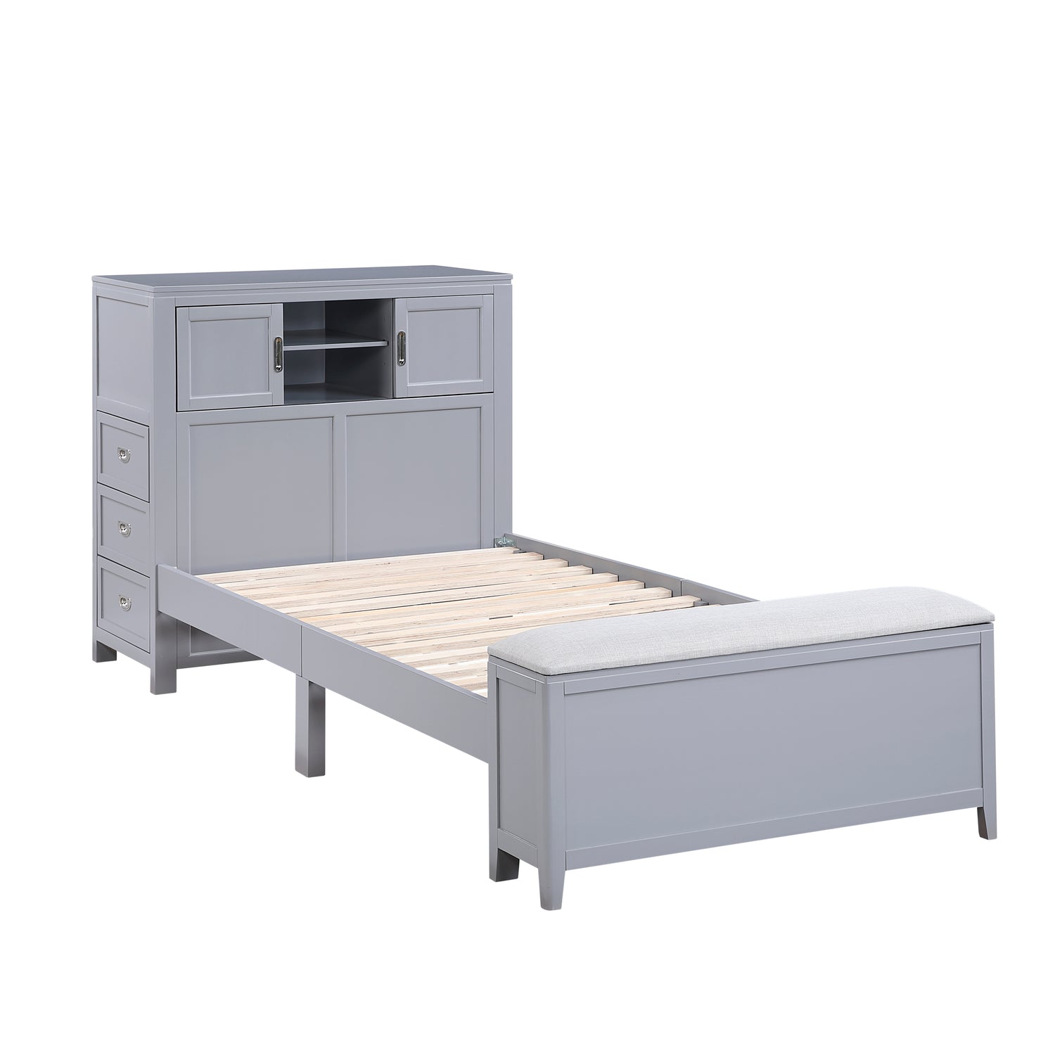 B2024GYBC-1* (2) Twin Bookcase Platform Bed with Hidden Desk, Stool and Storage Bench - B2024GYBC-1*