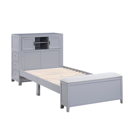 B2024GYBC-1* (2) Twin Bookcase Platform Bed with Hidden Desk, Stool and Storage Bench - B2024GYBC-1*