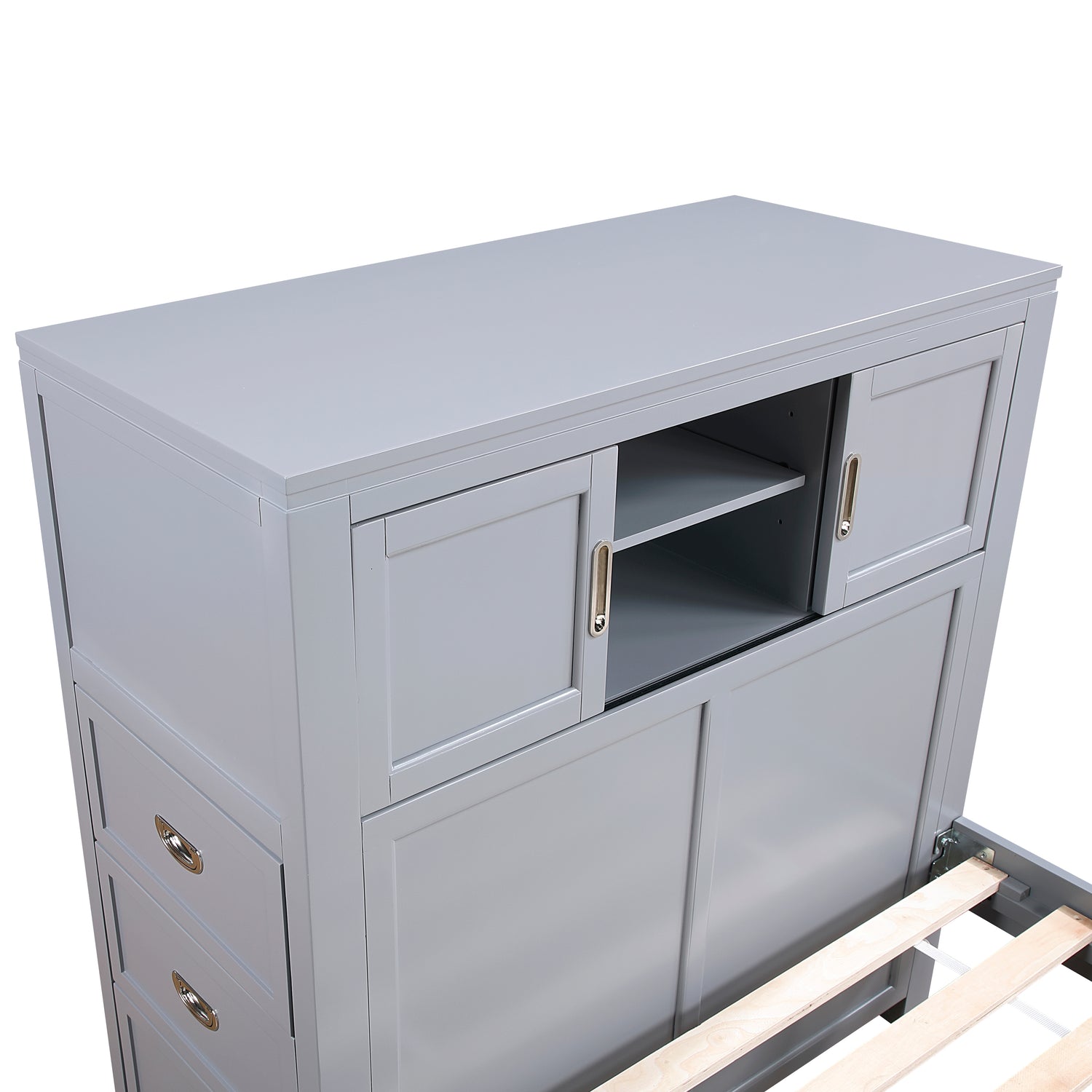 B2024GYBC-1* (2) Twin Bookcase Platform Bed with Hidden Desk, Stool and Storage Bench - B2024GYBC-1*