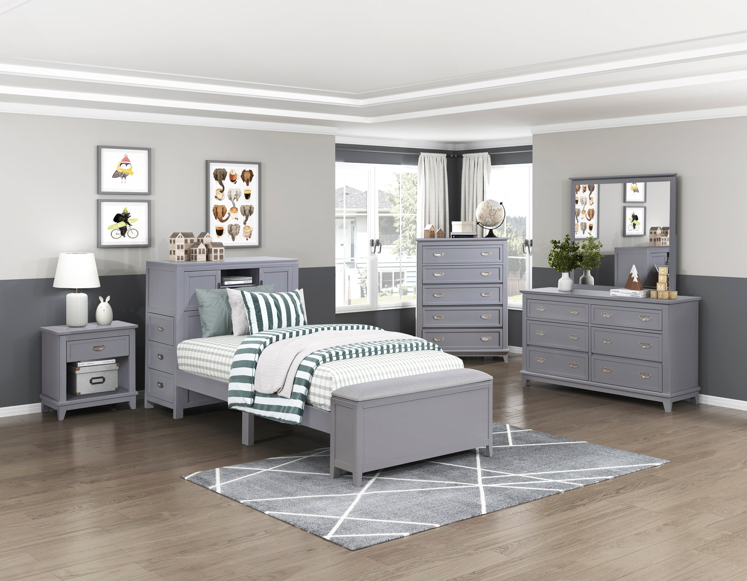 B2024GYBC-1* (2) Twin Bookcase Platform Bed with Hidden Desk, Stool and Storage Bench - B2024GYBC-1*