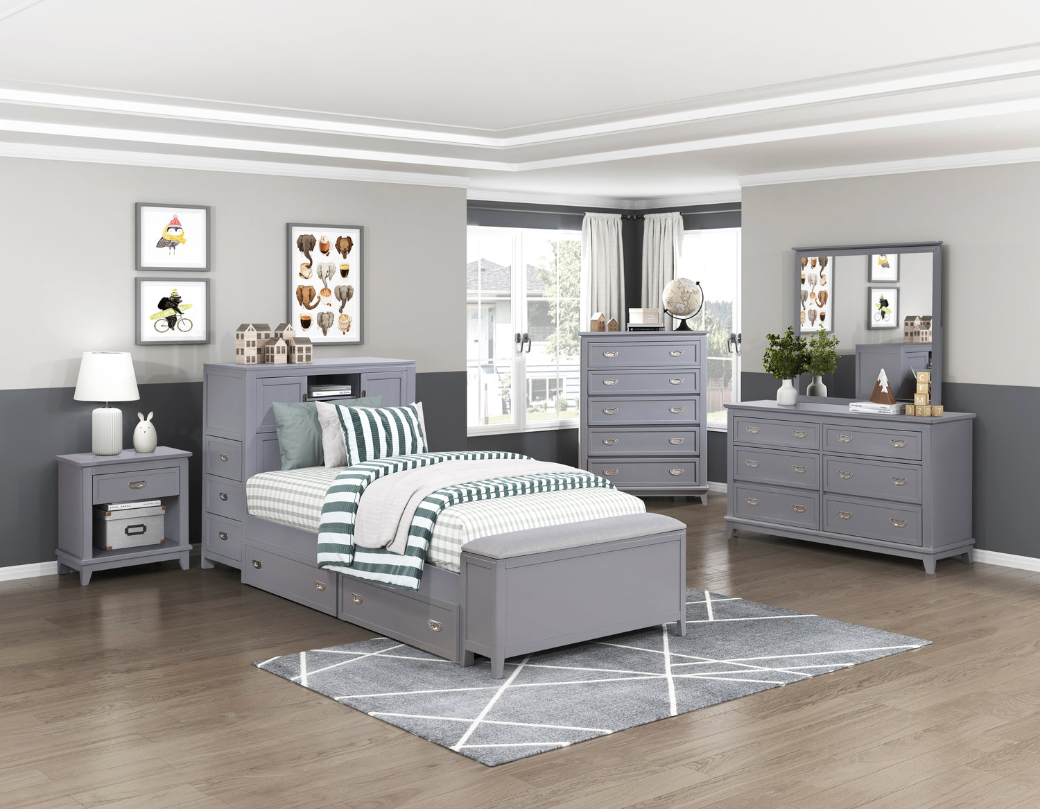 B2024GYBC-1* (2) Twin Bookcase Platform Bed with Hidden Desk, Stool and Storage Bench - B2024GYBC-1*