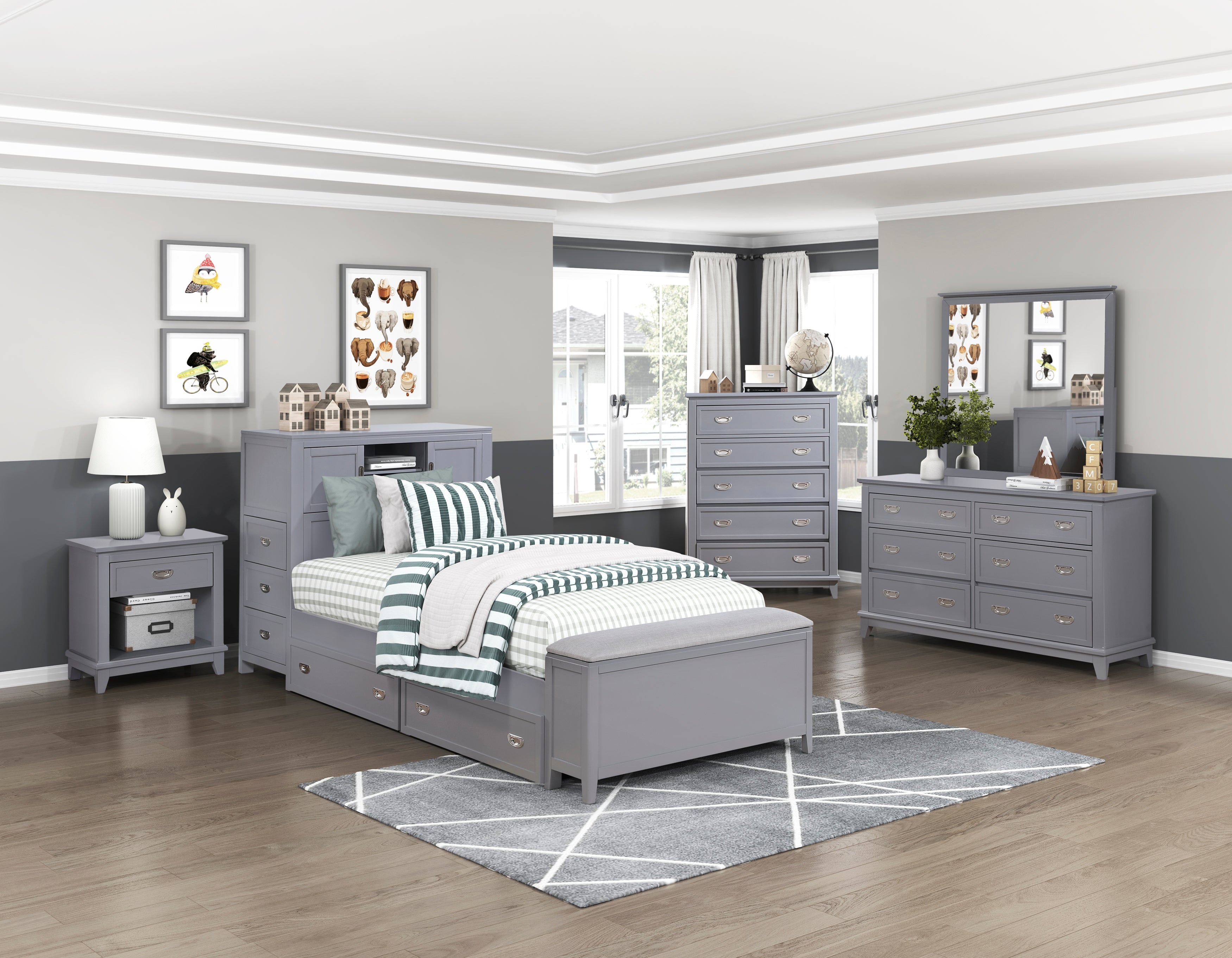 B2024GYBC-1* (2) Twin Bookcase Platform Bed with Hidden Desk, Stool and Storage Bench - B2024GYBC-1*