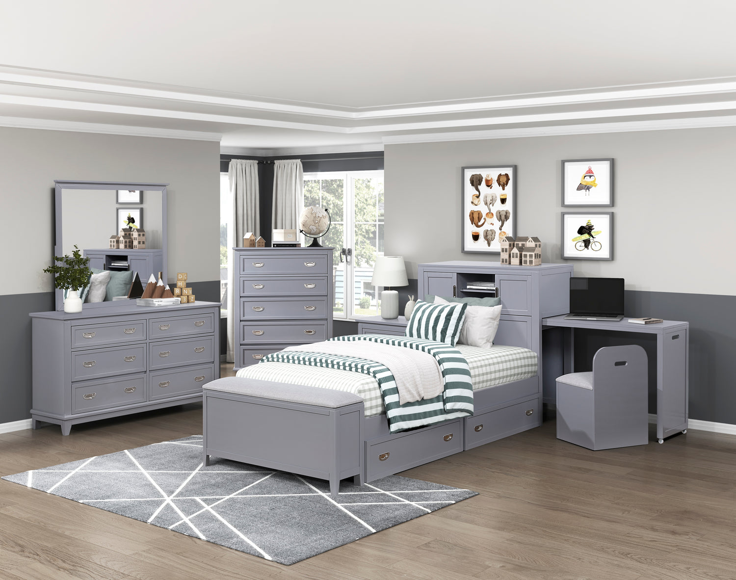 B2024GYBC-1* (2) Twin Bookcase Platform Bed with Hidden Desk, Stool and Storage Bench - B2024GYBC-1*