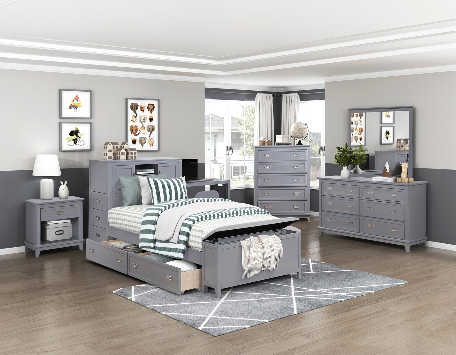 B2024GYBC-1* (2) Twin Bookcase Platform Bed with Hidden Desk, Stool and Storage Bench - B2024GYBC-1*