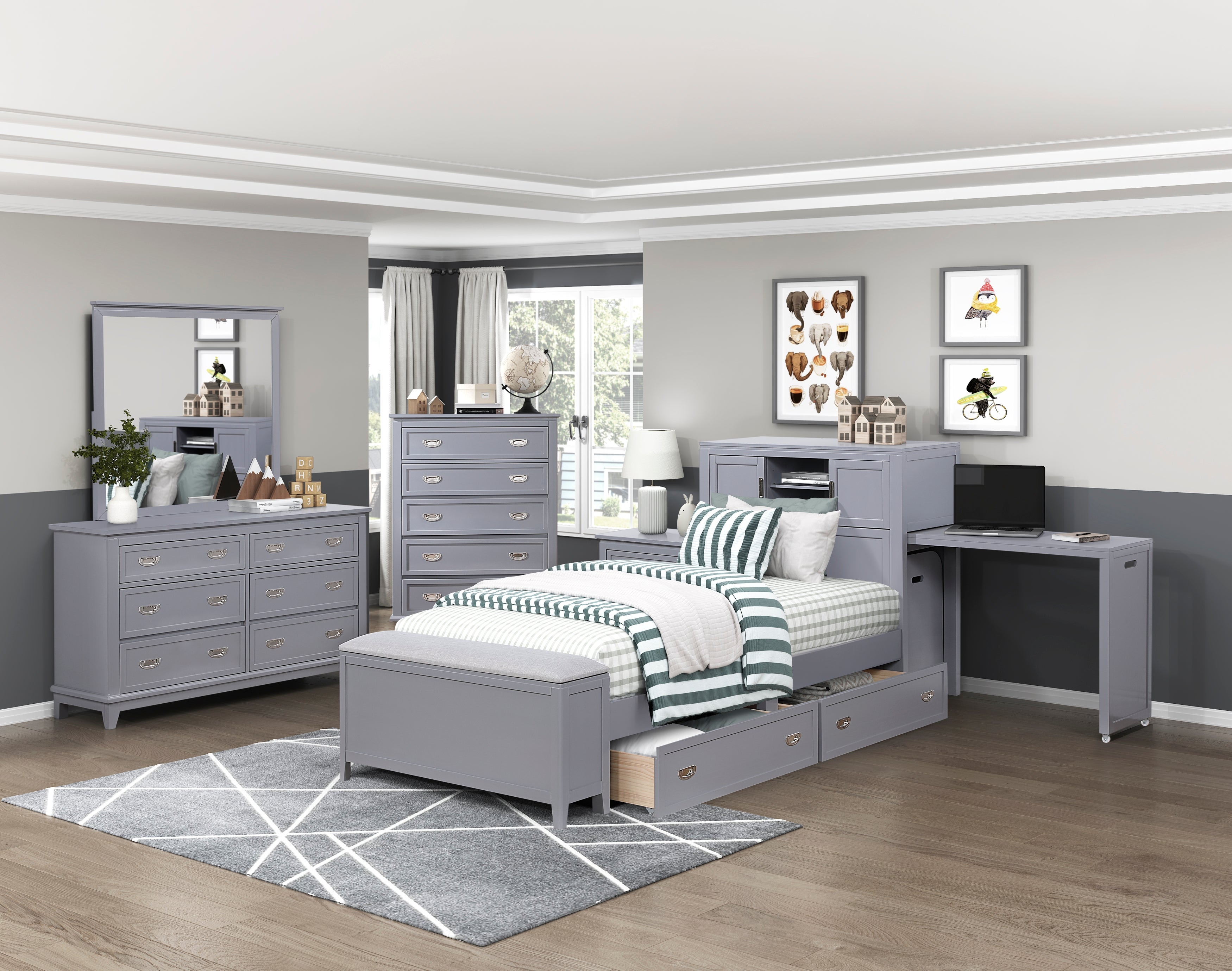B2024GYBC-1* (2) Twin Bookcase Platform Bed with Hidden Desk, Stool and Storage Bench - B2024GYBC-1*