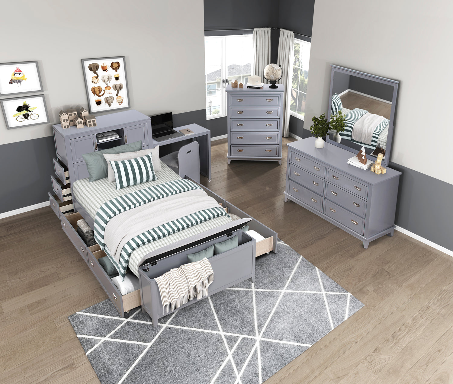 B2024GYBC-1* (2) Twin Bookcase Platform Bed with Hidden Desk, Stool and Storage Bench - B2024GYBC-1*
