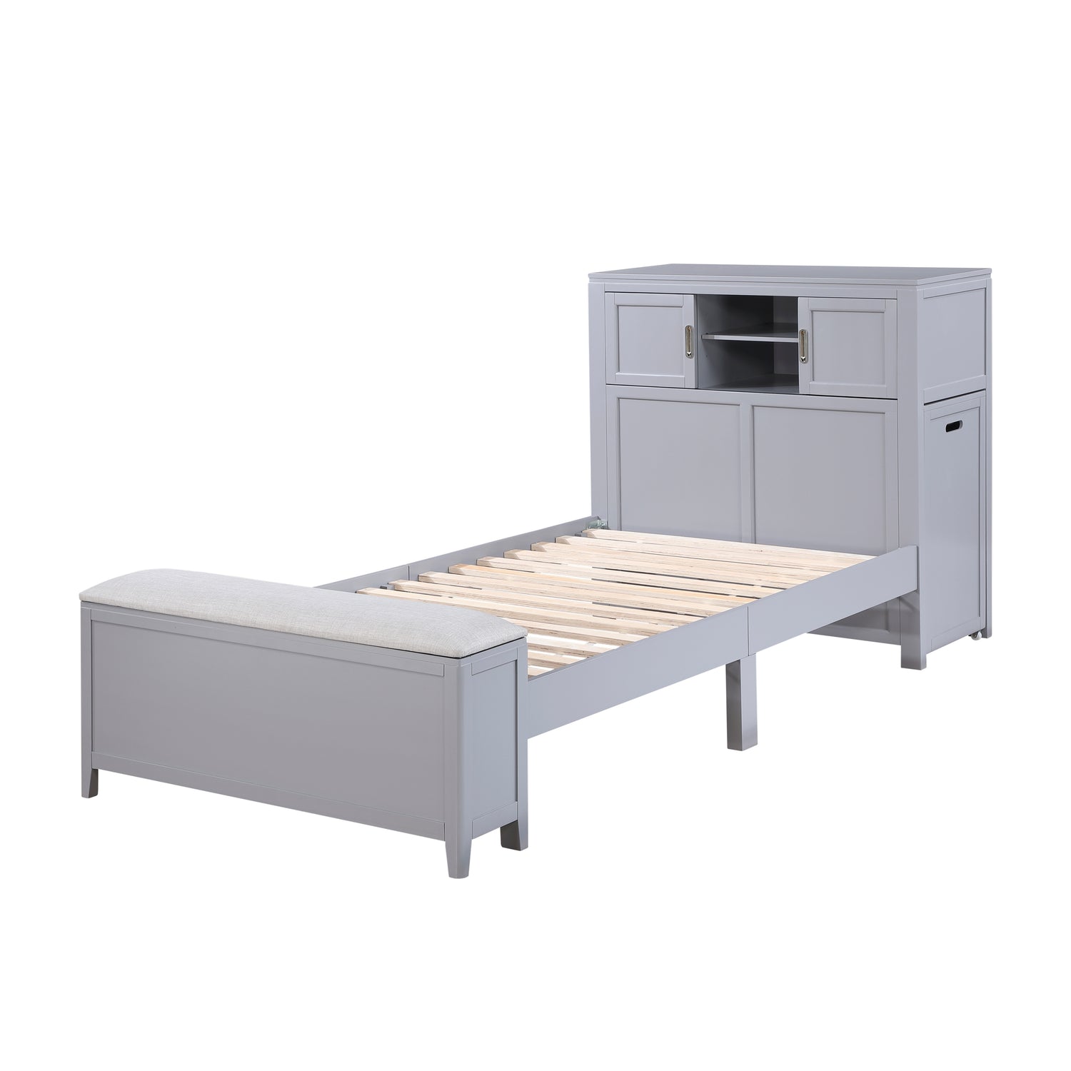 B2024GYBC-1* (2) Twin Bookcase Platform Bed with Hidden Desk, Stool and Storage Bench - B2024GYBC-1*