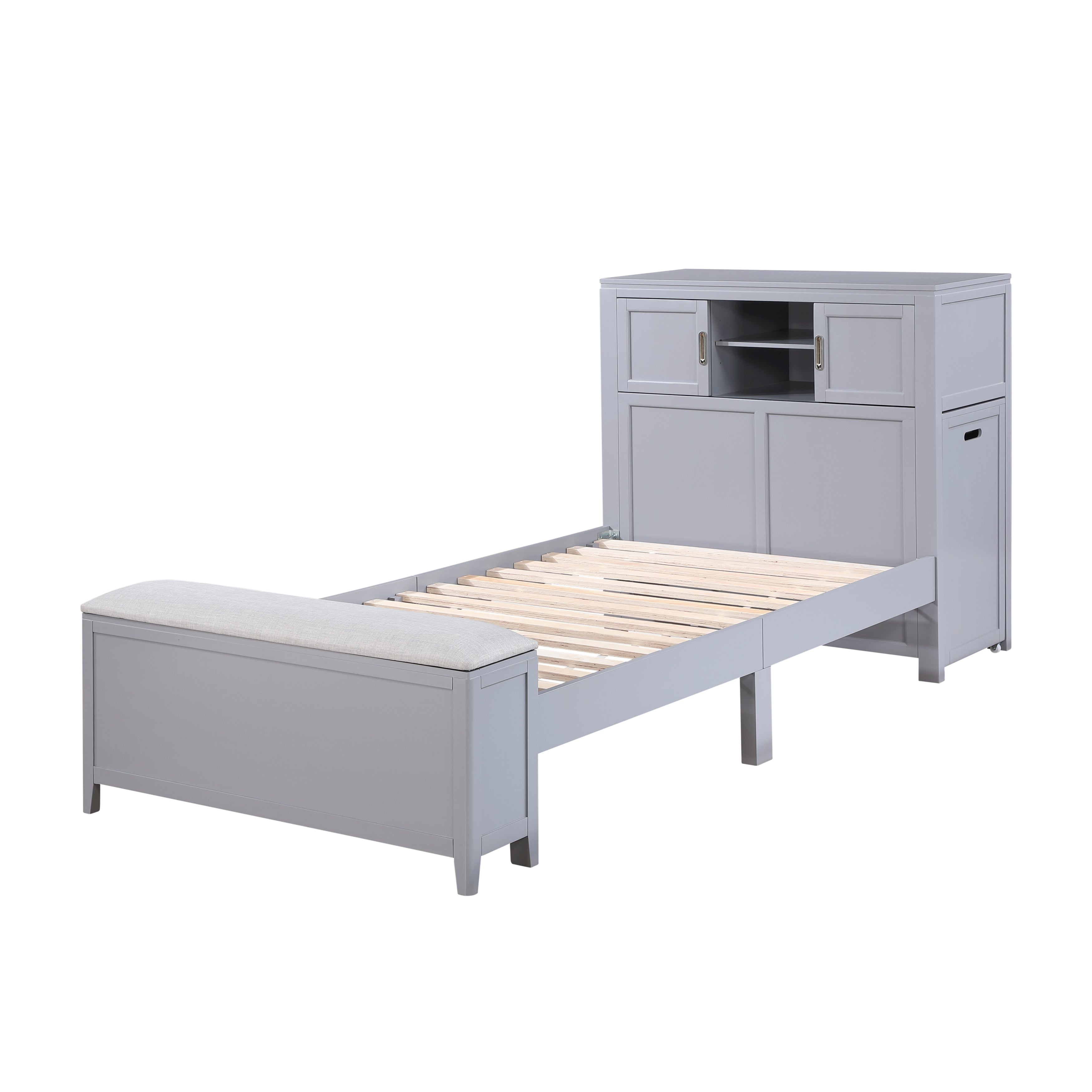 B2024GYBC-1* (2) Twin Bookcase Platform Bed with Hidden Desk, Stool and Storage Bench - B2024GYBC-1*
