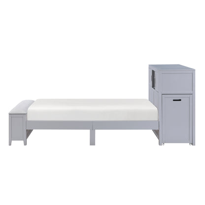 B2024GYBC-1* (2) Twin Bookcase Platform Bed with Hidden Desk, Stool and Storage Bench - B2024GYBC-1*