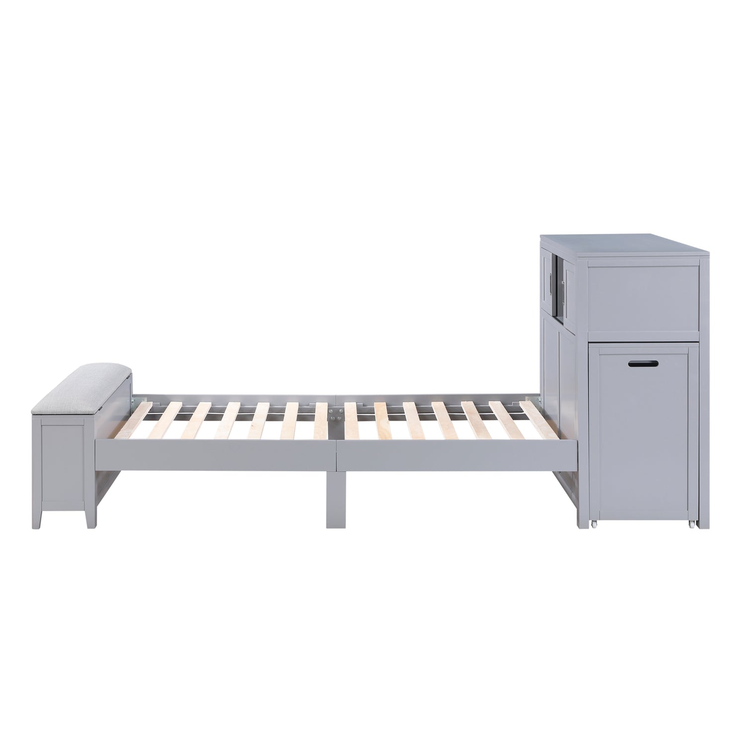B2024GYBC-1* (2) Twin Bookcase Platform Bed with Hidden Desk, Stool and Storage Bench - B2024GYBC-1*