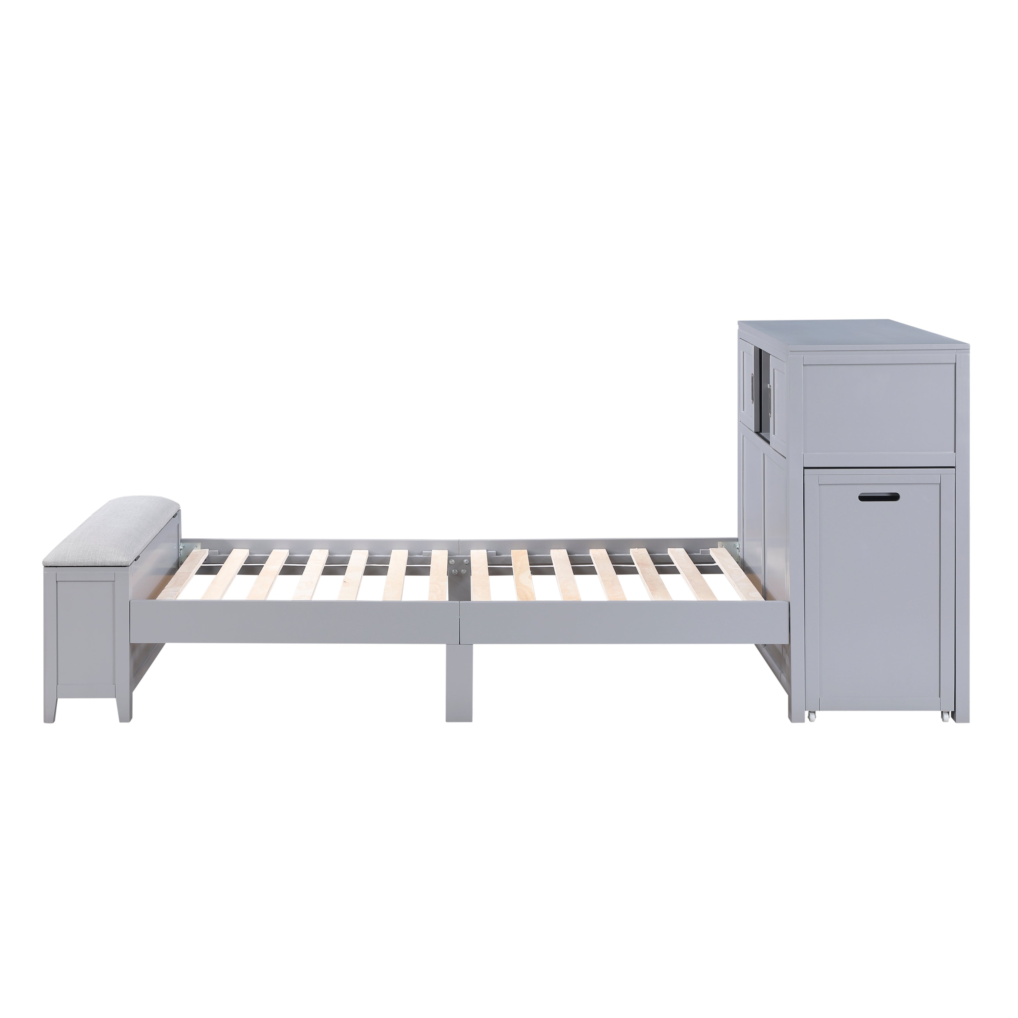 B2024GYBC-1* (2) Twin Bookcase Platform Bed with Hidden Desk, Stool and Storage Bench - B2024GYBC-1*