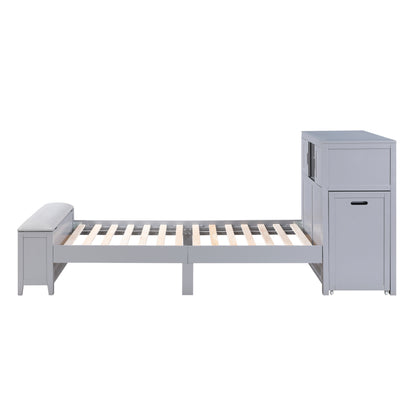 B2024GYBC-1* (2) Twin Bookcase Platform Bed with Hidden Desk, Stool and Storage Bench - B2024GYBC-1*