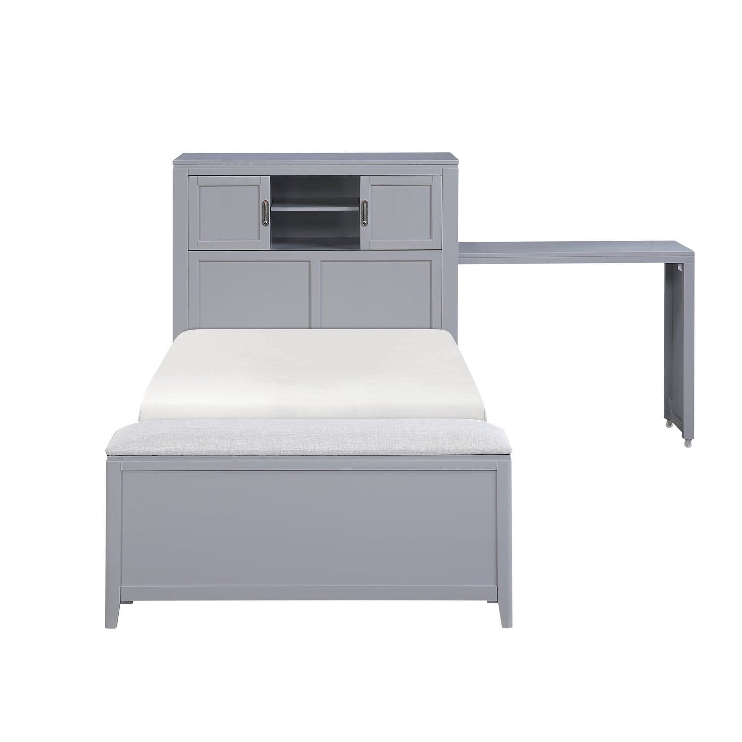 B2024GYBC-1* (2) Twin Bookcase Platform Bed with Hidden Desk, Stool and Storage Bench - B2024GYBC-1*
