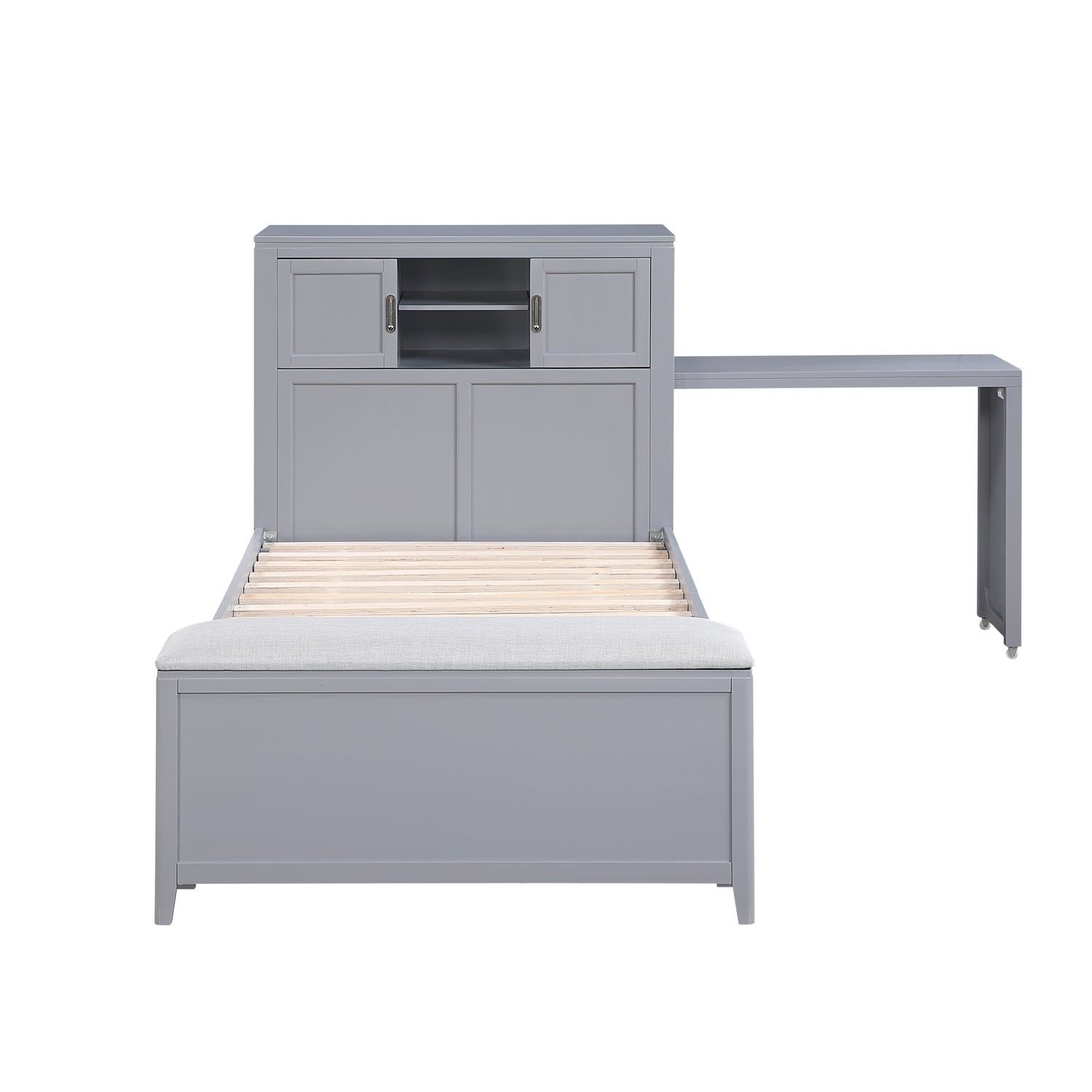 B2024GYBC-1* (2) Twin Bookcase Platform Bed with Hidden Desk, Stool and Storage Bench - B2024GYBC-1*