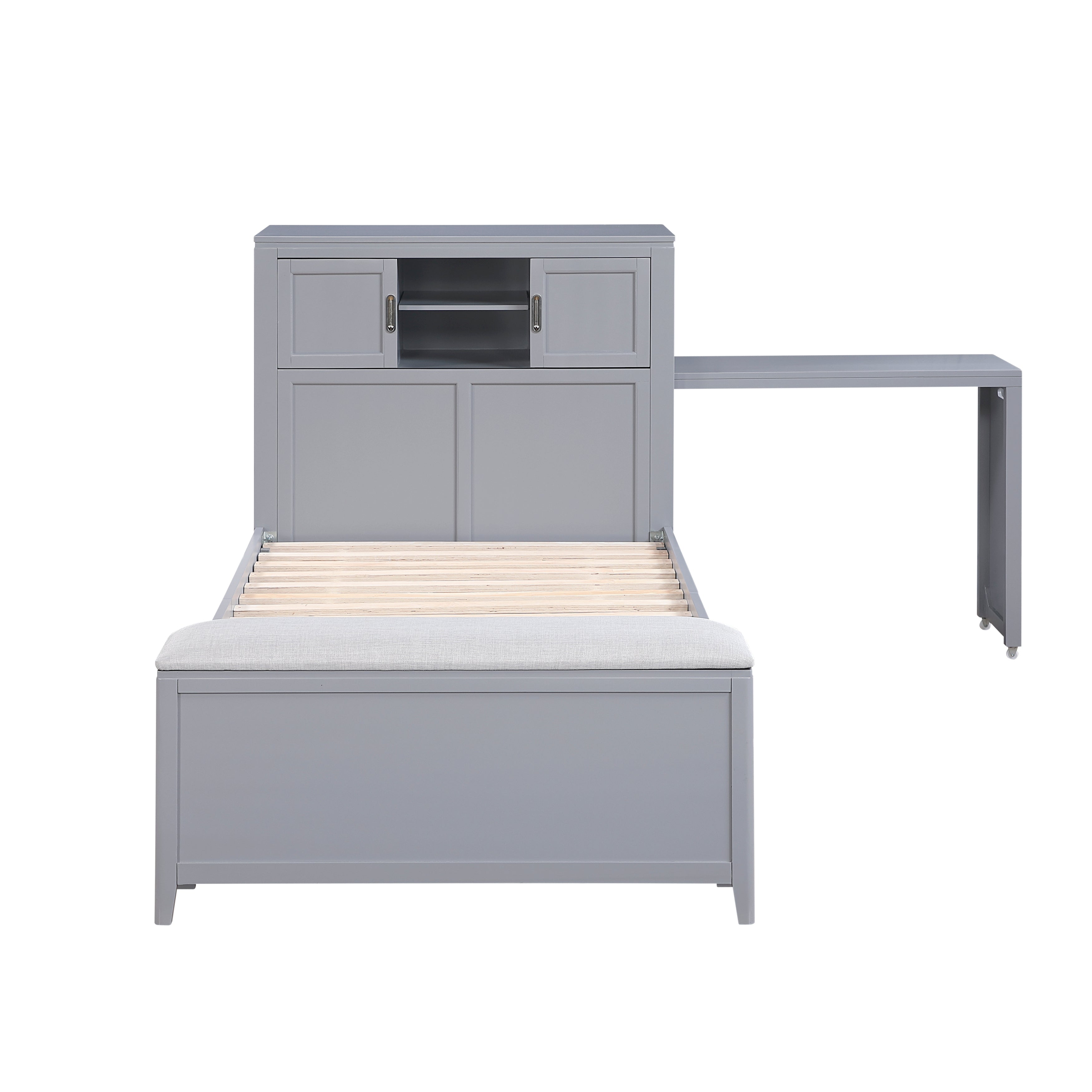 B2024GYBC-1* (2) Twin Bookcase Platform Bed with Hidden Desk, Stool and Storage Bench - B2024GYBC-1*