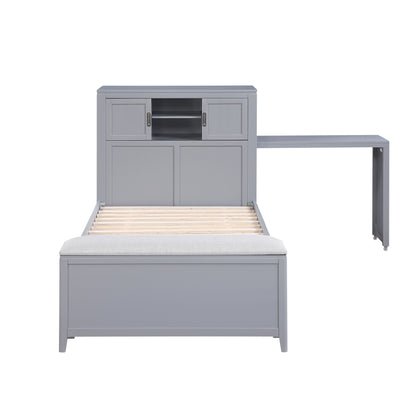 B2024GYBC-1* (2) Twin Bookcase Platform Bed with Hidden Desk, Stool and Storage Bench - B2024GYBC-1*