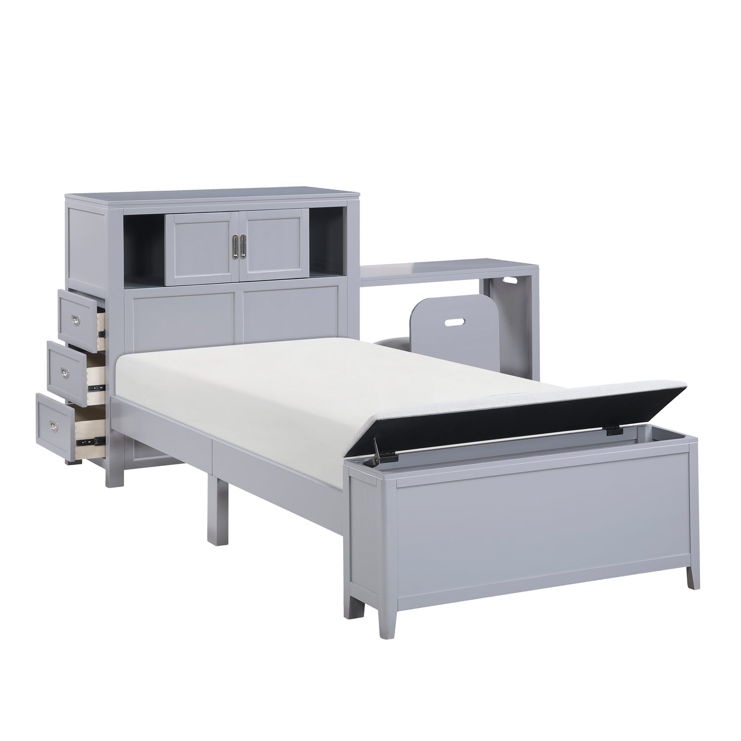 B2024GYBC-1* (2) Twin Bookcase Platform Bed with Hidden Desk, Stool and Storage Bench - B2024GYBC-1*
