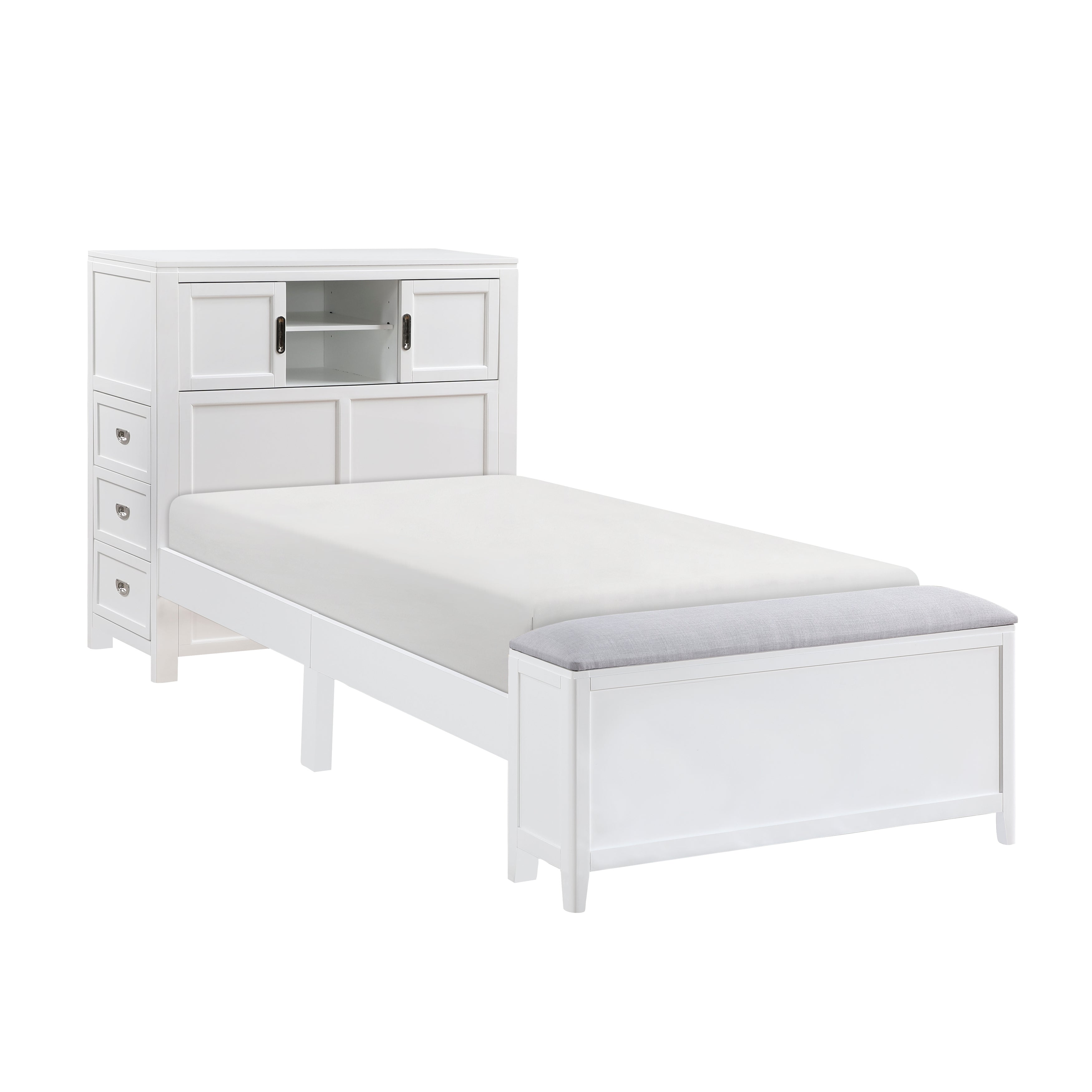 B2024WHBC-1* (2) Twin Bookcase Bed with Hidden Desk, Stool and Storage Bench - B2024WHBC-1*