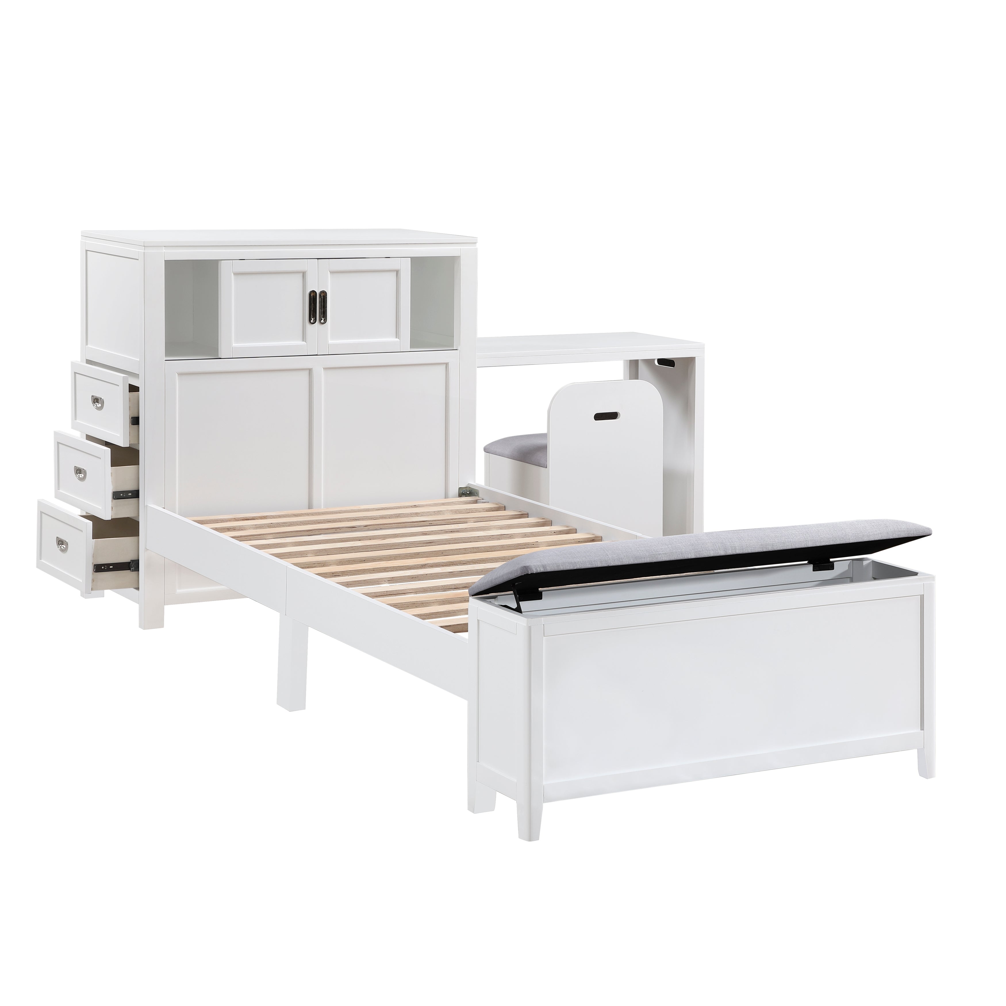 B2024WHBC-1* (2) Twin Bookcase Bed with Hidden Desk, Stool and Storage Bench - B2024WHBC-1*