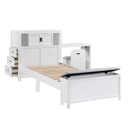 B2024WHBC-1* (2) Twin Bookcase Bed with Hidden Desk, Stool and Storage Bench - B2024WHBC-1*