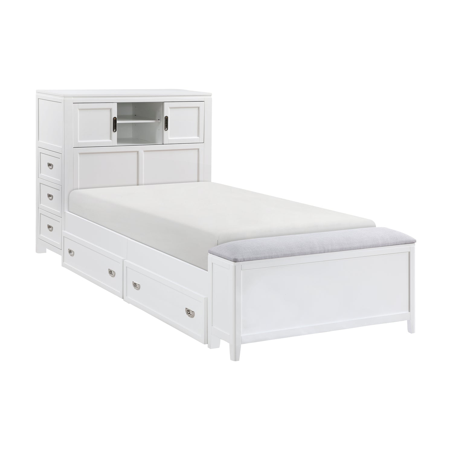 B2024WHBC-1* (2) Twin Bookcase Bed with Hidden Desk, Stool and Storage Bench - B2024WHBC-1*