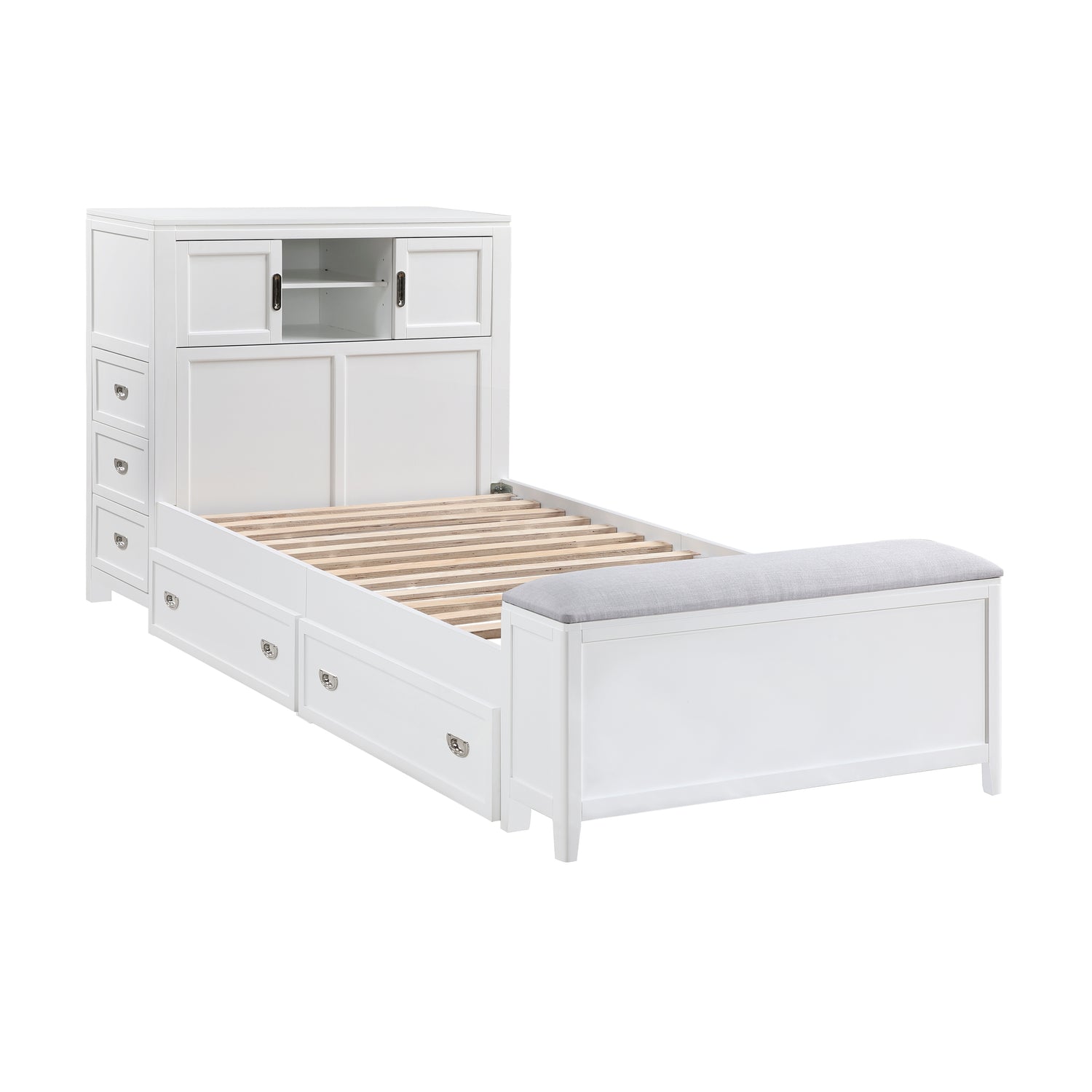 B2024WHBC-1* (2) Twin Bookcase Bed with Hidden Desk, Stool and Storage Bench - B2024WHBC-1*